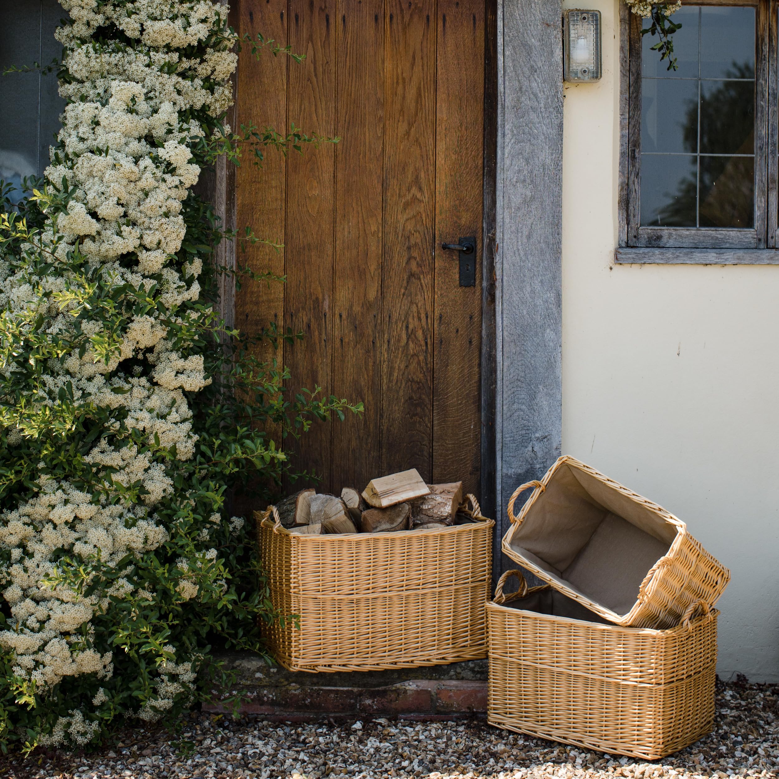 Panier de luxe rectangulaire en osier avec doublure et poignées (moyen, naturel)