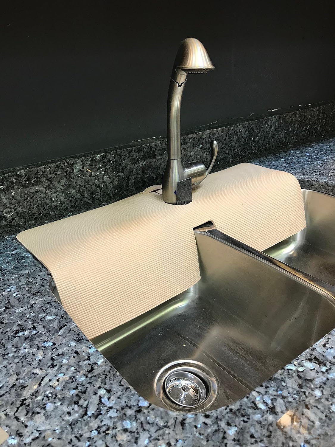 Beige Kitchen sink faucet splash guard, copyright 2017/TM (4) / Patent Approved (12 inch width x 27 inch length)