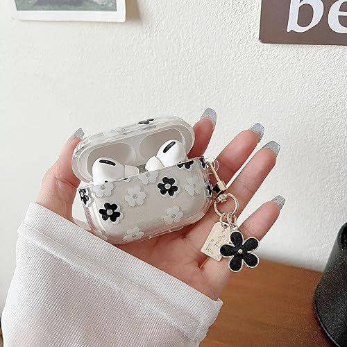 Miniatura 3 de MINSCOSE Funda transparente compatible con AirPods Pro, bonito diseño de patrón de flores de dibujos animados con llavero floral, funda protectora
