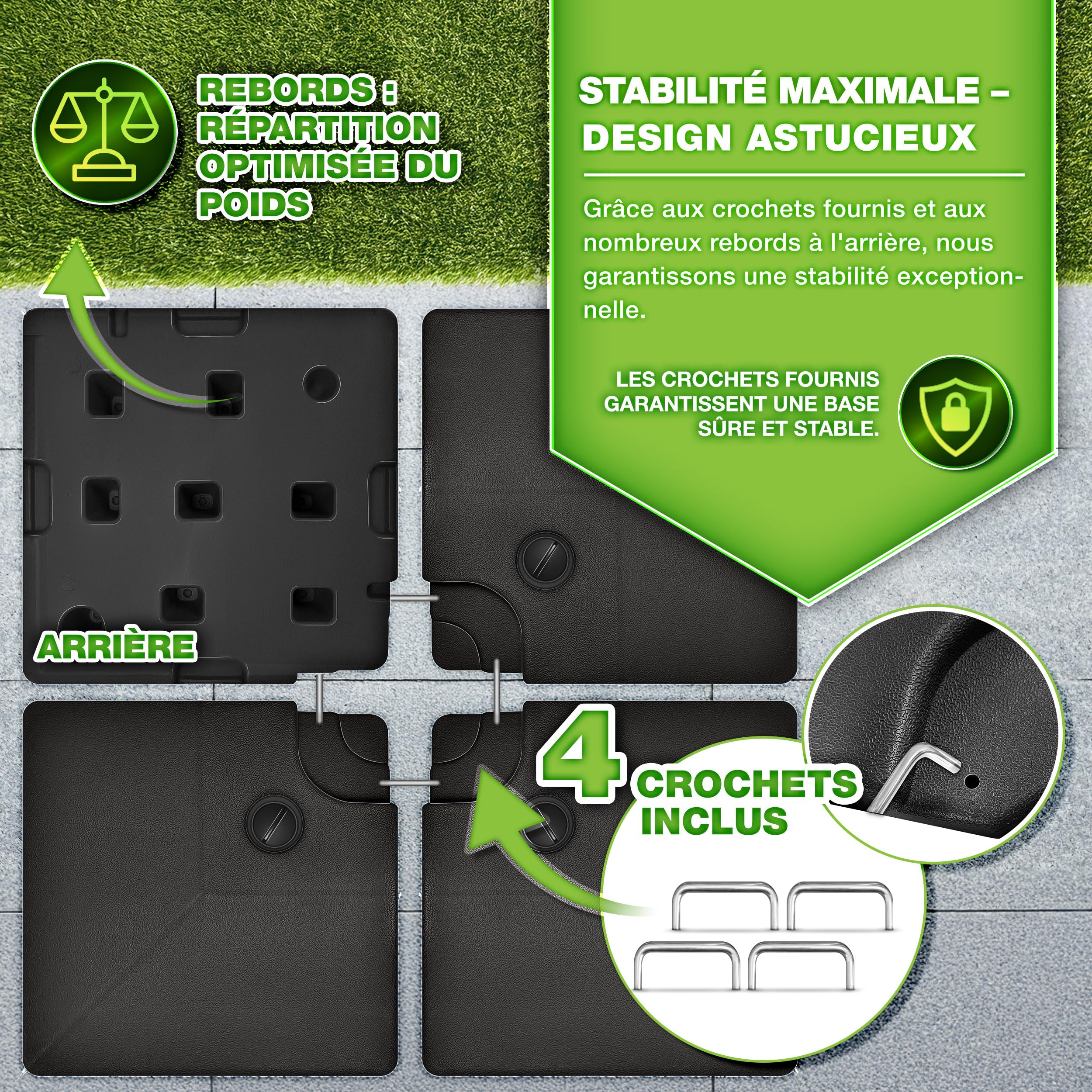 tillvex® Lestage & Dalles Carrées pour Parasol Déporté – Pied de Parasol 90 litres / 120 kg, 4 Pièces avec Connecteur Métallique | Base Remplissable avec Eau ou Sable | Support de Parasol (Noir)