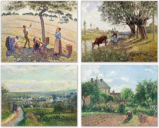Camille Pissarro Prints - Set of 4 (8x10 Inches) Apple Harvest Print (1888), The Artist's Garden at Eragny Print (1898), Countryside near Grez-sur-Loing (1889), View of Saint-Ouen-l’Aumône (ca. 1876)