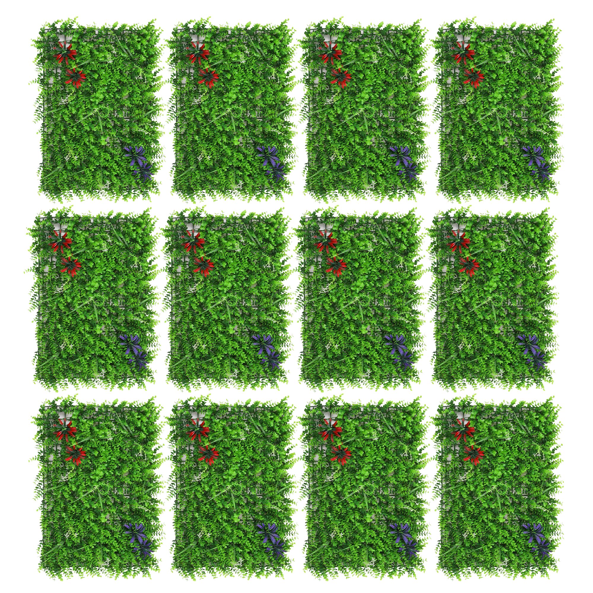 Trimming Shop Artificial Hedge Panel, Green Grass with Leaf & Flower, 12pcs