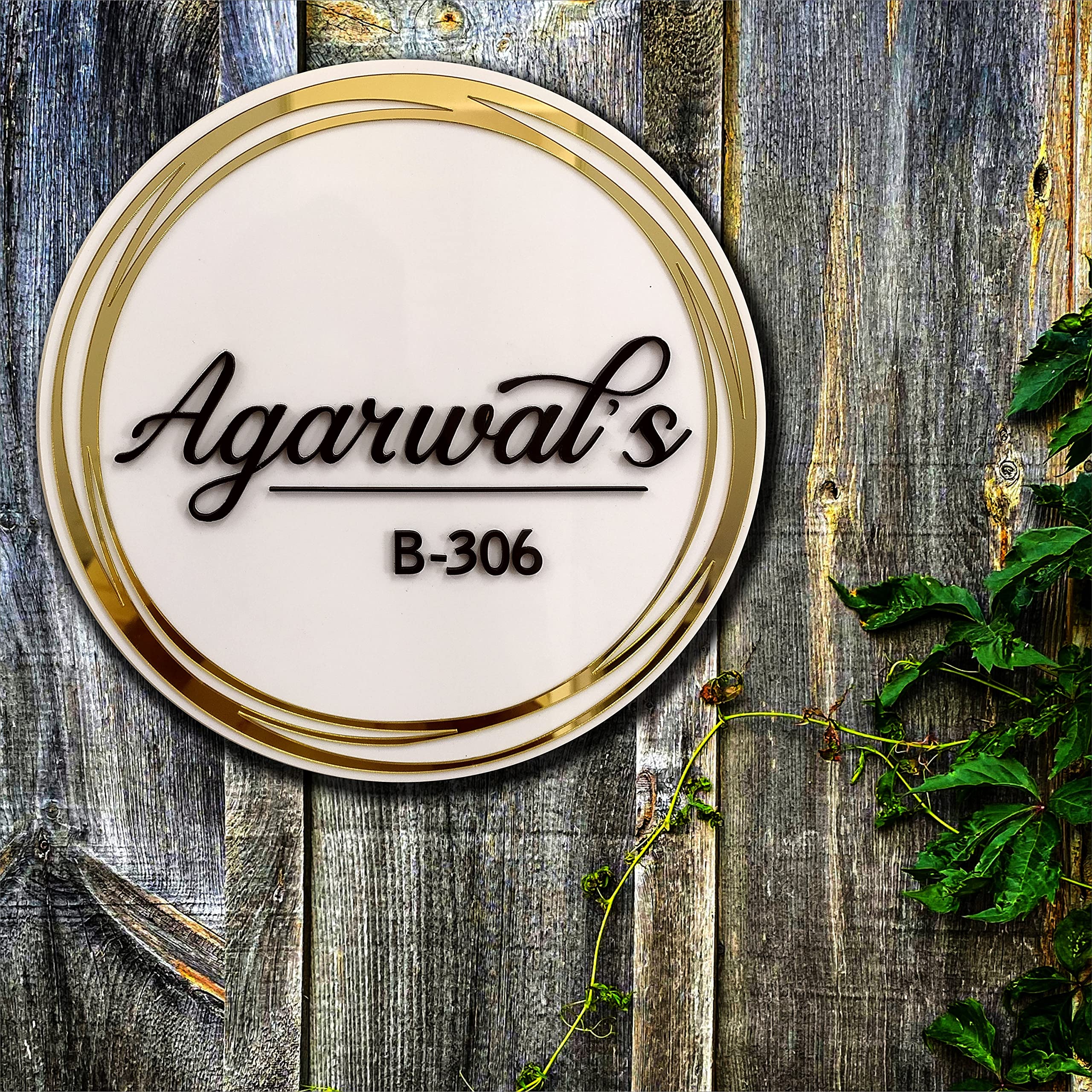 ZOCI VOCI Personalized Name Plate for Home Entrance Outdoor - Acrylic Body, Waterproof | Designer Door Plates for Flat, Bungalow & Apartment - Customized (10 INCH DIA, Rings of Gold)
