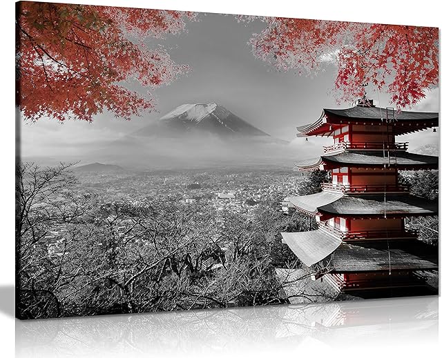 Panther Print, Canvas Wall Art, Framed Pictures for Living Room and Bedroom, Japanese Temple in Autumn, Black, White, and Red, Prints for Special Occasions (36x24 Inch)