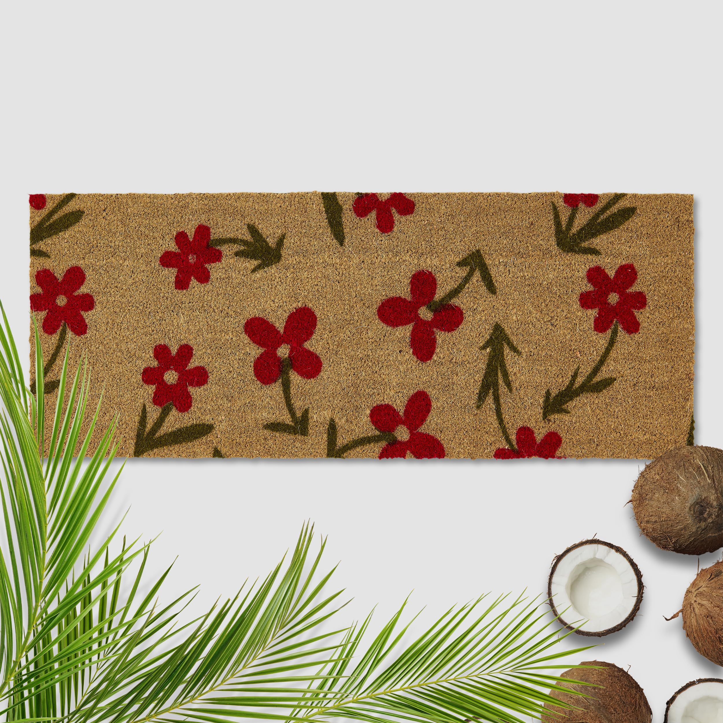 Felpudo exterior flores rojo coco 50 x 100 cm natural – 16 mm – Felpudo de coco exterior e interior – Felpudo antideslizante – Felpudo muy resistente