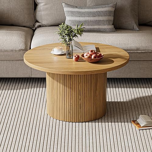 Miniatura 7 de Mesa de café redonda con marco de metal, mesas de café de 35" para sala de estar, mesa de centro de madera circular para apartamento, roble