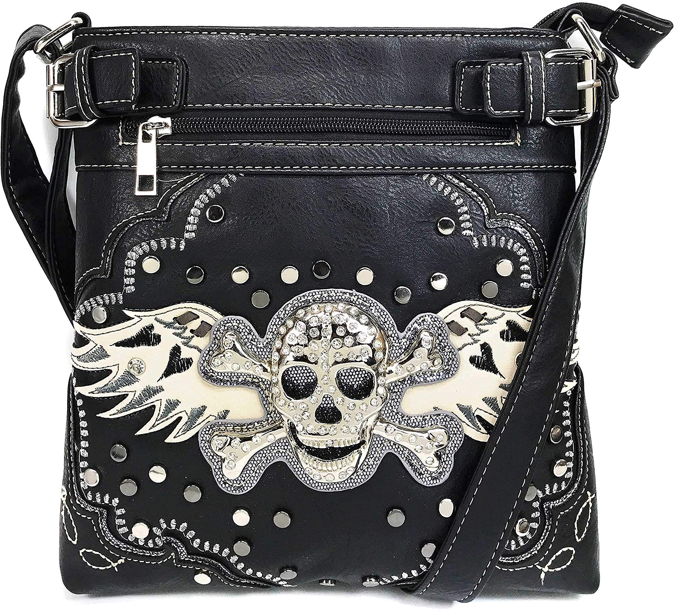 Justin West Tooled Rhinestone Skull Crossbody Messenger Bag Handbag Purse with Concealed Carry and Phone Slot