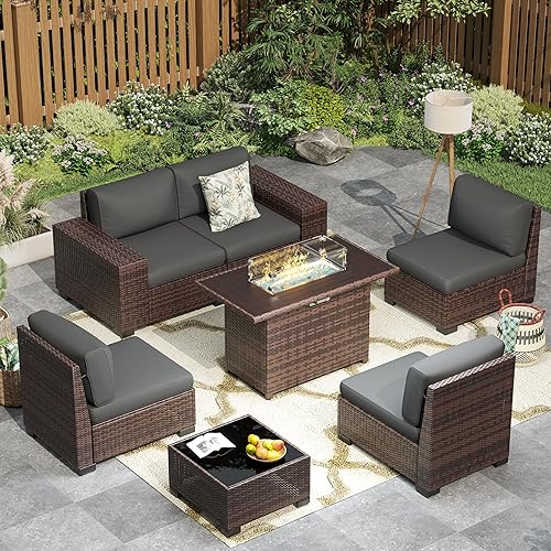 Patio Furniture with Fire Pit Table,8‘’ Wide armrest Outdoor Sectional Rattan Sofa Set, Wicker Patio Furniture Sets w/Coffee Table,Thick Cushions and Cover for Porch, Balcony,7PC (Brown&Grey)
