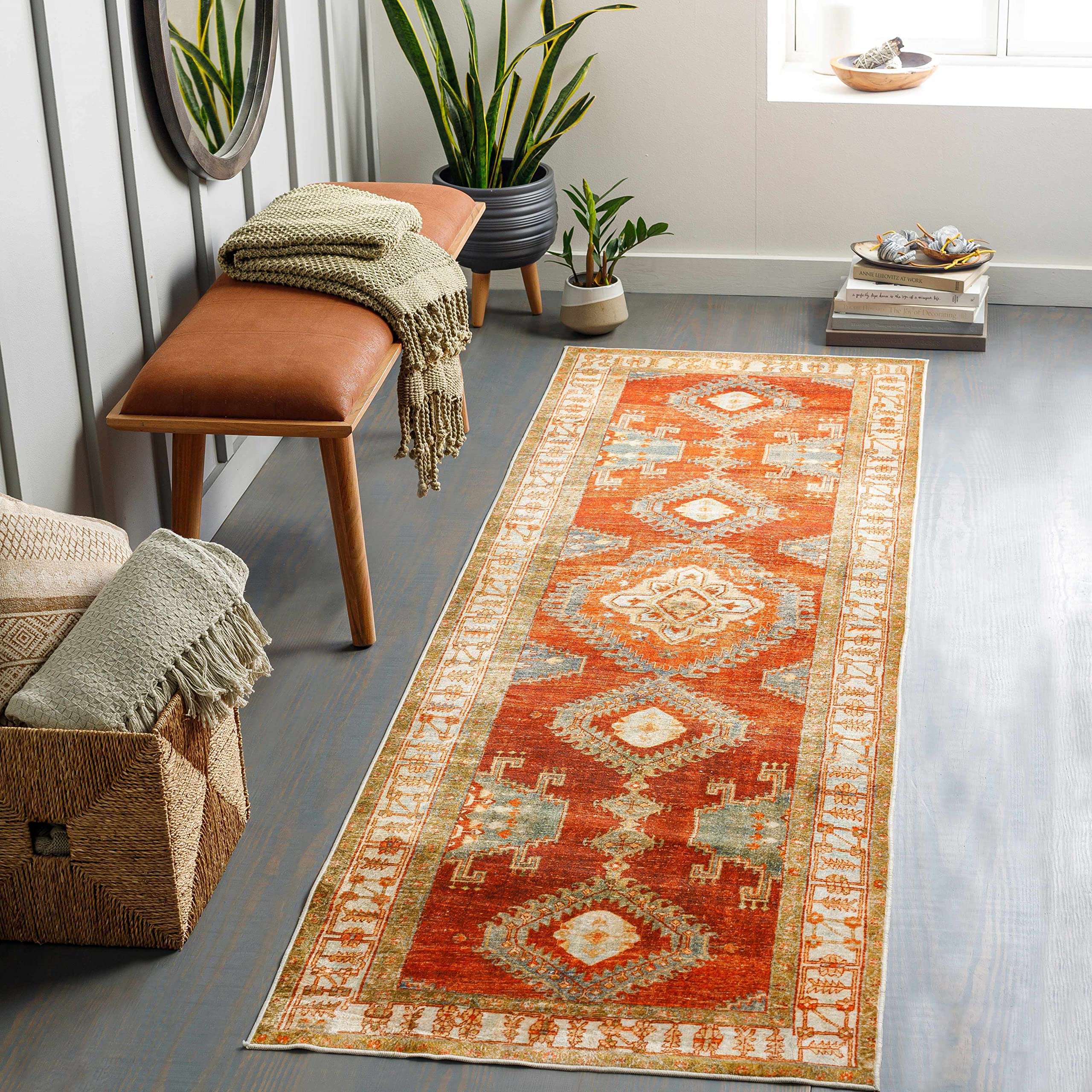 BoutiqueRugs Kullar Bohemian, Transitional Runner Rug - Machine Washable - Burnt Orange, Orange, Rust - 2'6