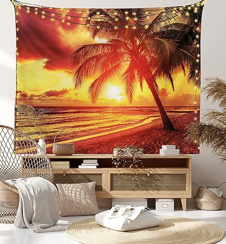Miniatura 1 de Lunarable Tapiz de playa tamaño King, puesta de sol en la playa tranquila con palmeras, vista panorámica exótica de la isla caribeña de Barbados,