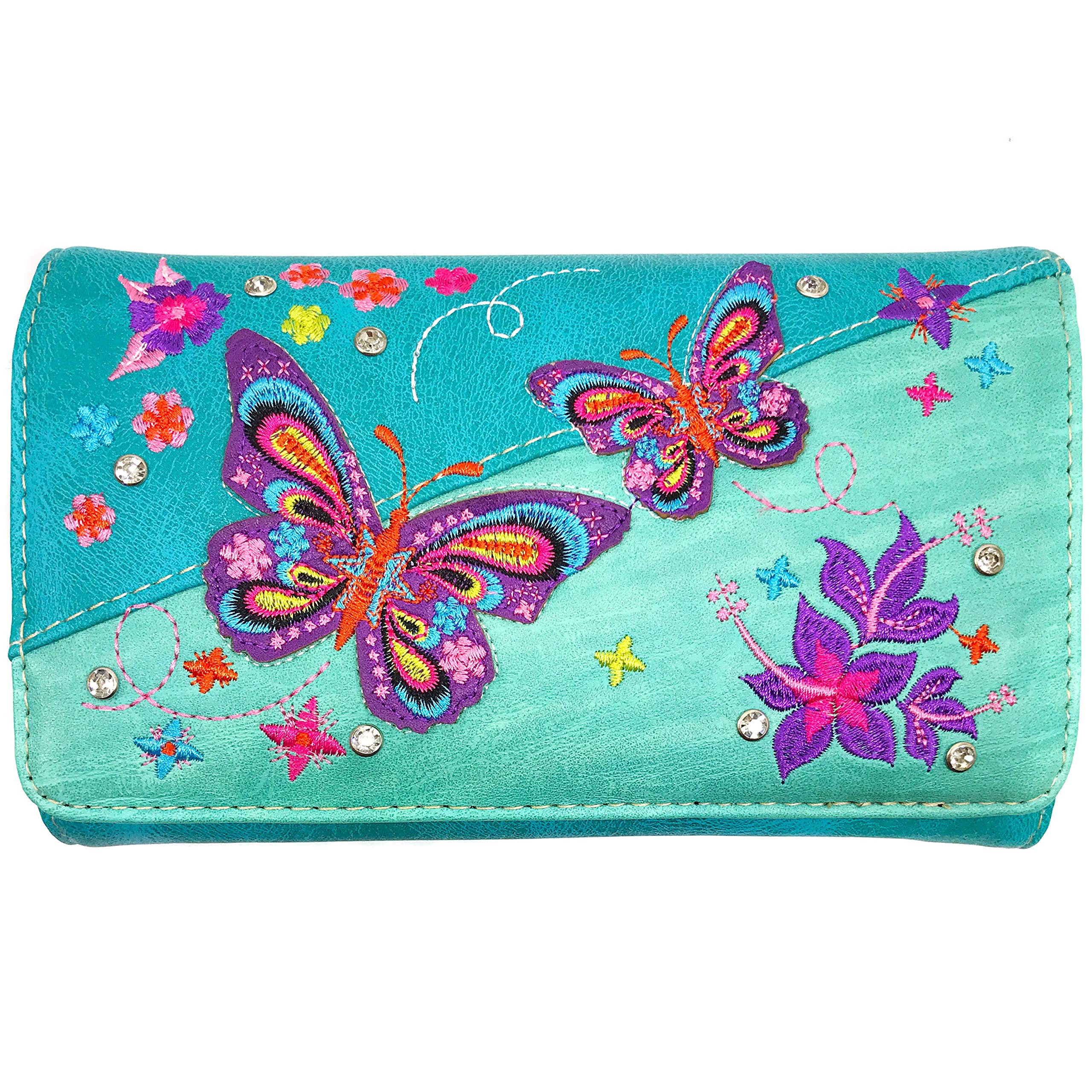 Zelris Butterfly Flower Season Embroidery Women Crossbody Wrist Trifold Wallet