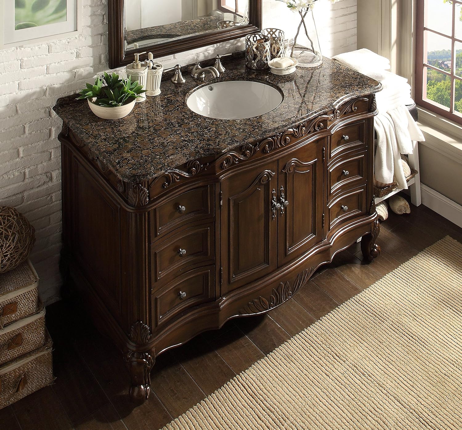 42'' Brown Marble Double Sink Freestanding Vanity