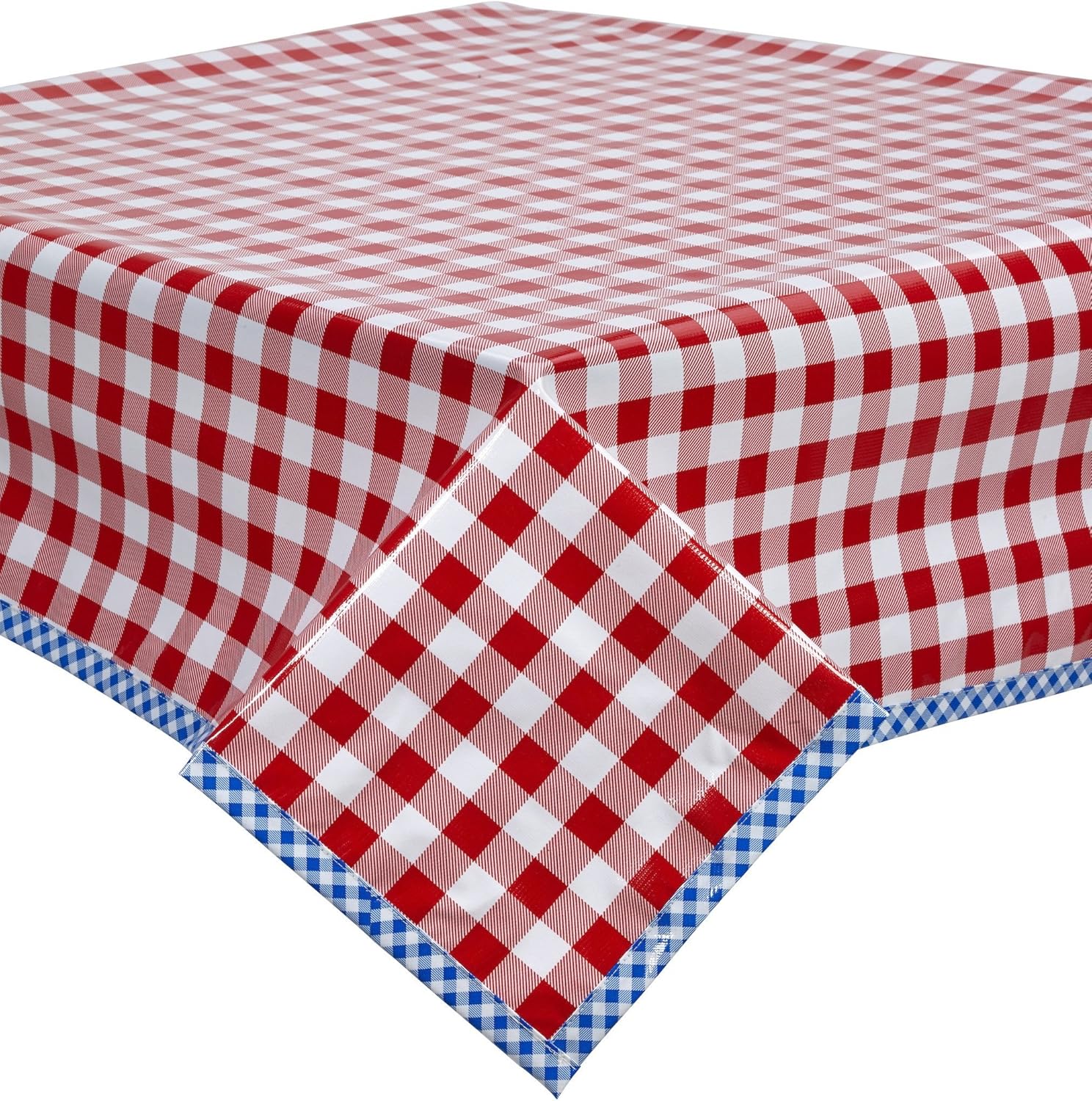 Large Red Gingham Oilcloth Tablecloth with Blue Gingham Trim You Pick The Size!