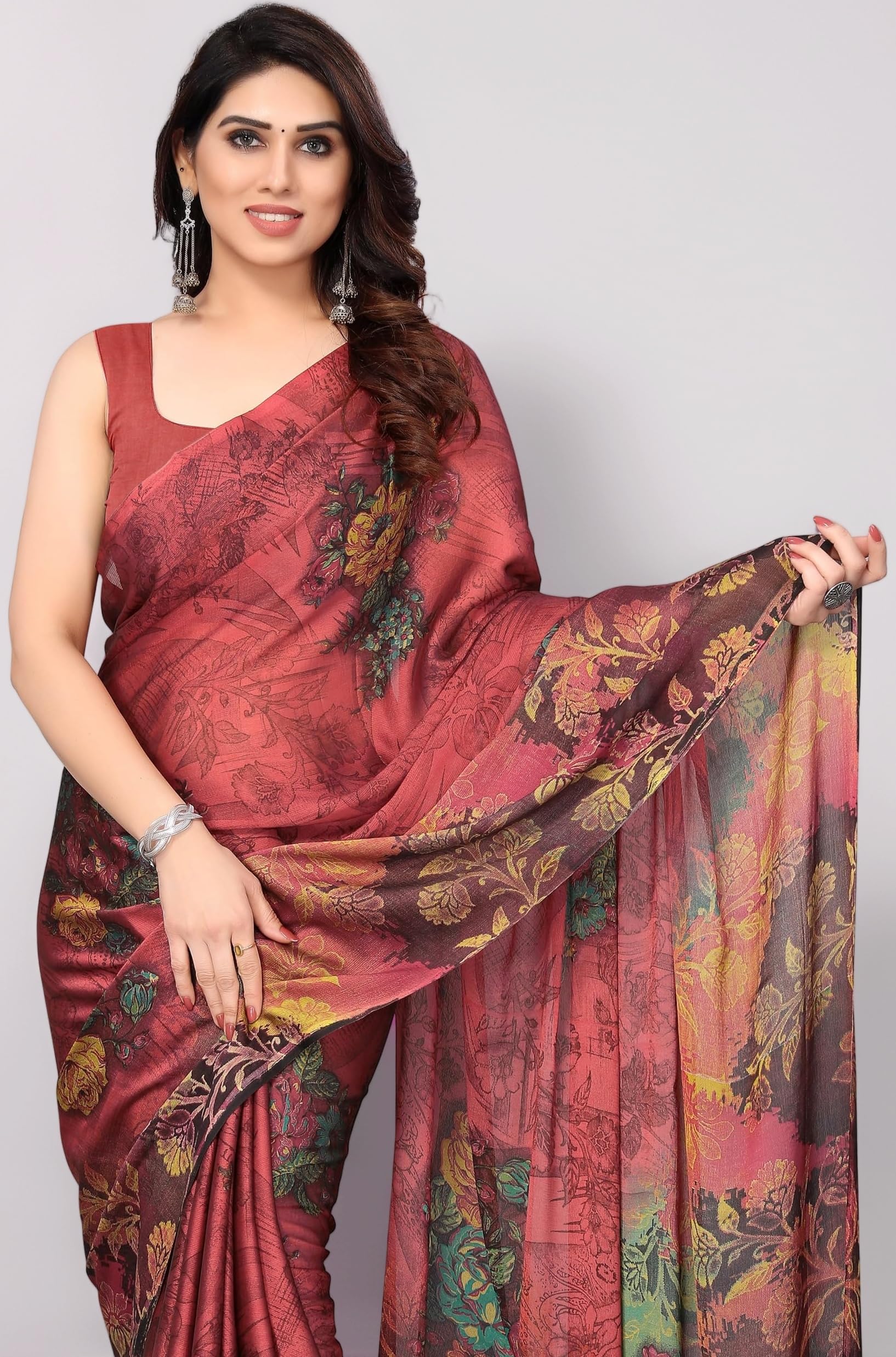 - Saree for Woman Chiffon Floral Printed | Polished Professional Office and Regular Daily Use Sari with Blouse Piece