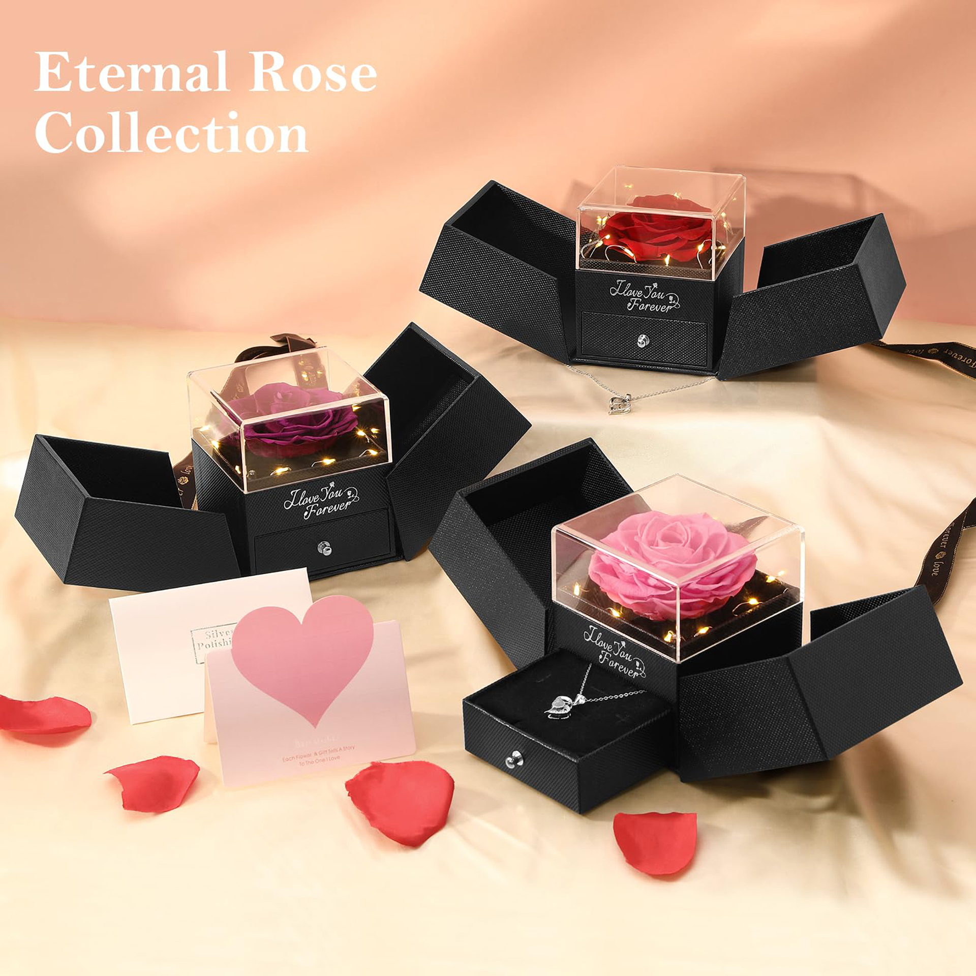 Rose♡アクセサリー2個セット Amazon.com: Emibele Preserved Real Pink Rose with S925 Sterling
