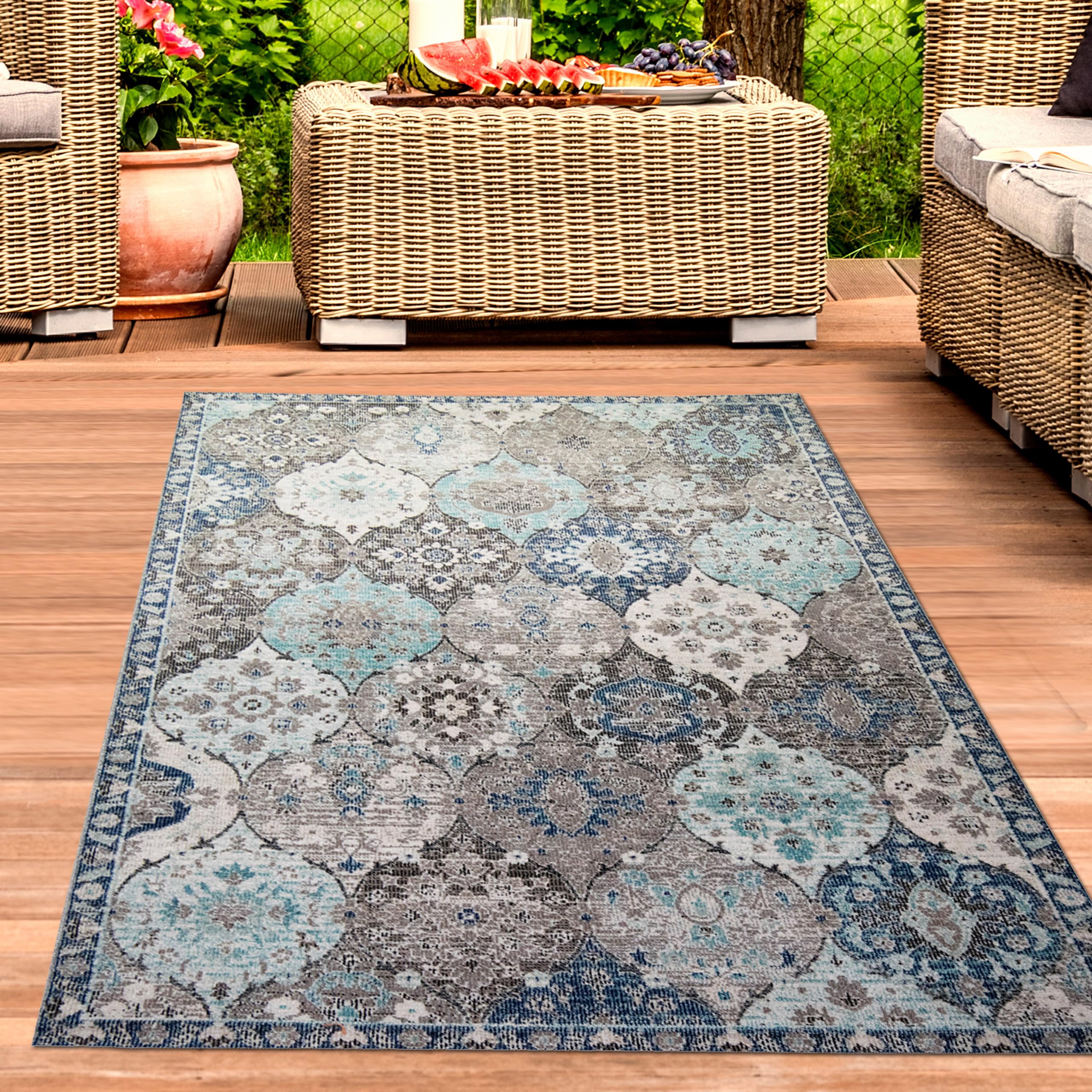 CARPETIA Outdoor Teppich Ornamentmuster Blau Grau Wetterfest 240x340 cm | Pflegeleicht, wetterfest, strapazierfähig und saugrobotergeeignet, OEKO-TEX geprüft, für Balkon, Terrasse & Essbereich