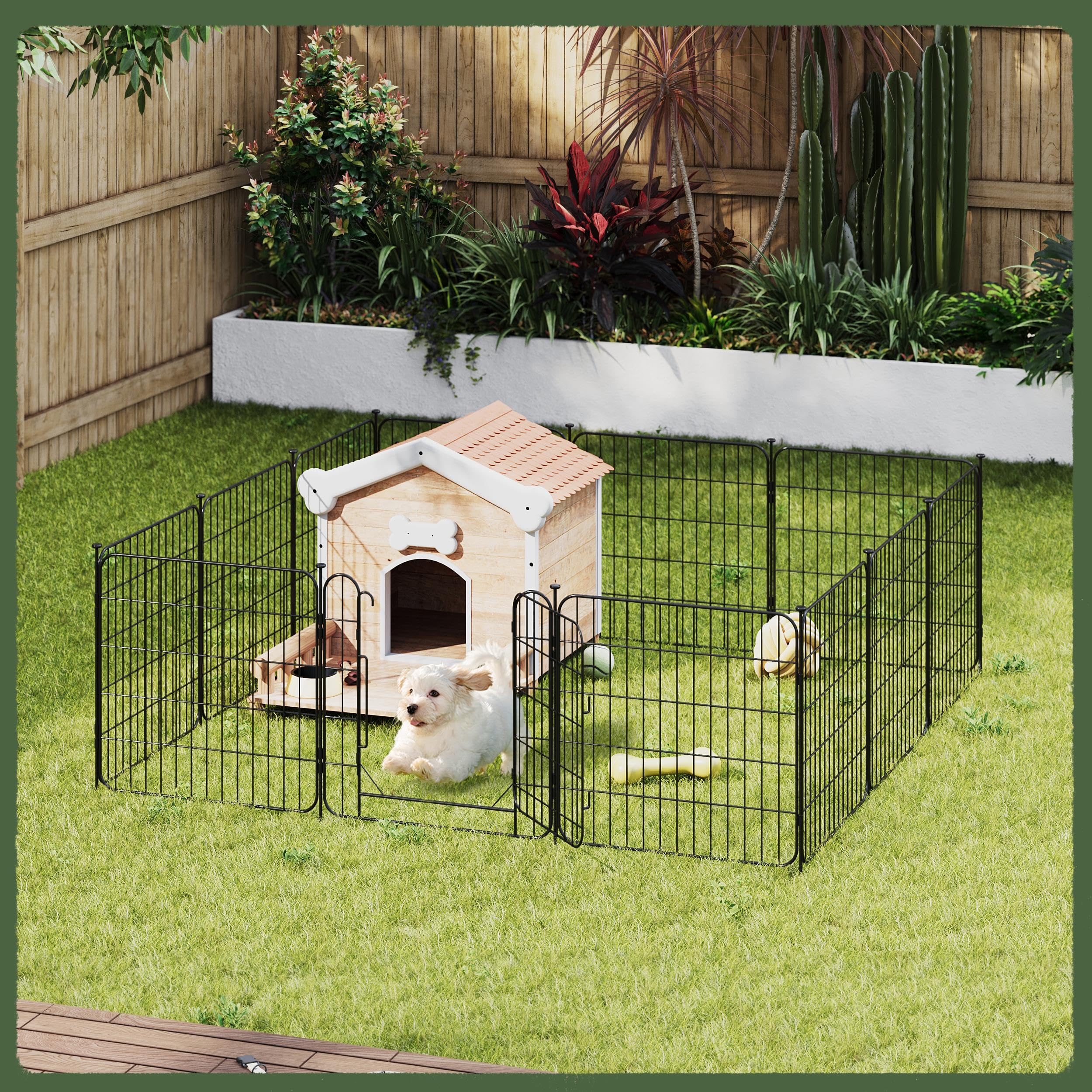 Yaheetech 16 Paneles Parque para Perros 60 x 60 cm con 2 Puertas Recinto Interior Reja Plegable para Cachorros y Conejos Perreras de Metal para Exterior con Estacas, Punta Ovalada y Plana