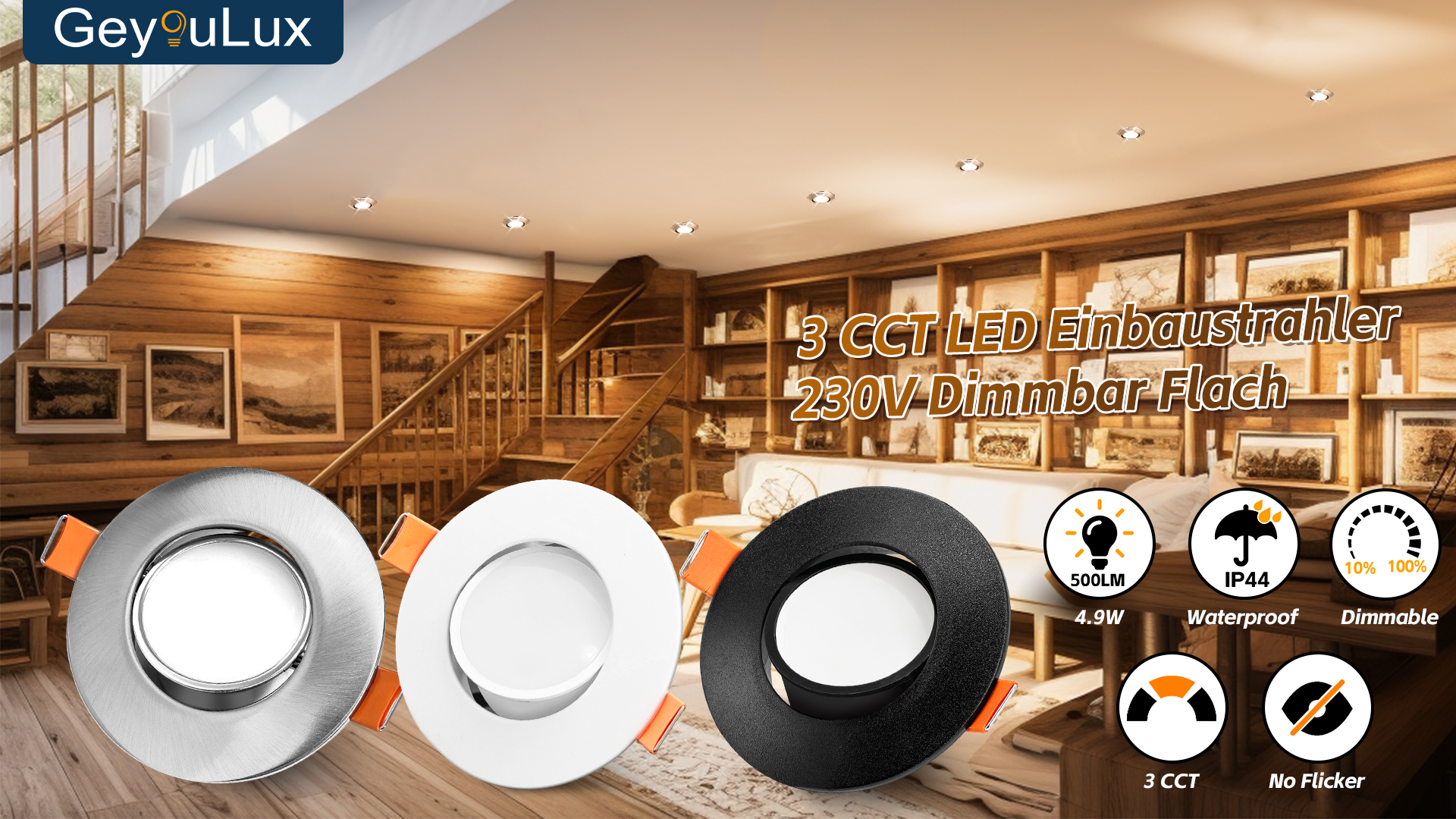 GeyouLux LED Einbaustrahler Dimmbar RGB,Led Spot 230V 68mm Aluminium,IP44 5W 3CCT 3000K/4000K/6000K Einbauleuchten,120° 45°Schwenkbar Deckenspots Schwarz mit IR Fernbedienung für Badezimmer,4 stück