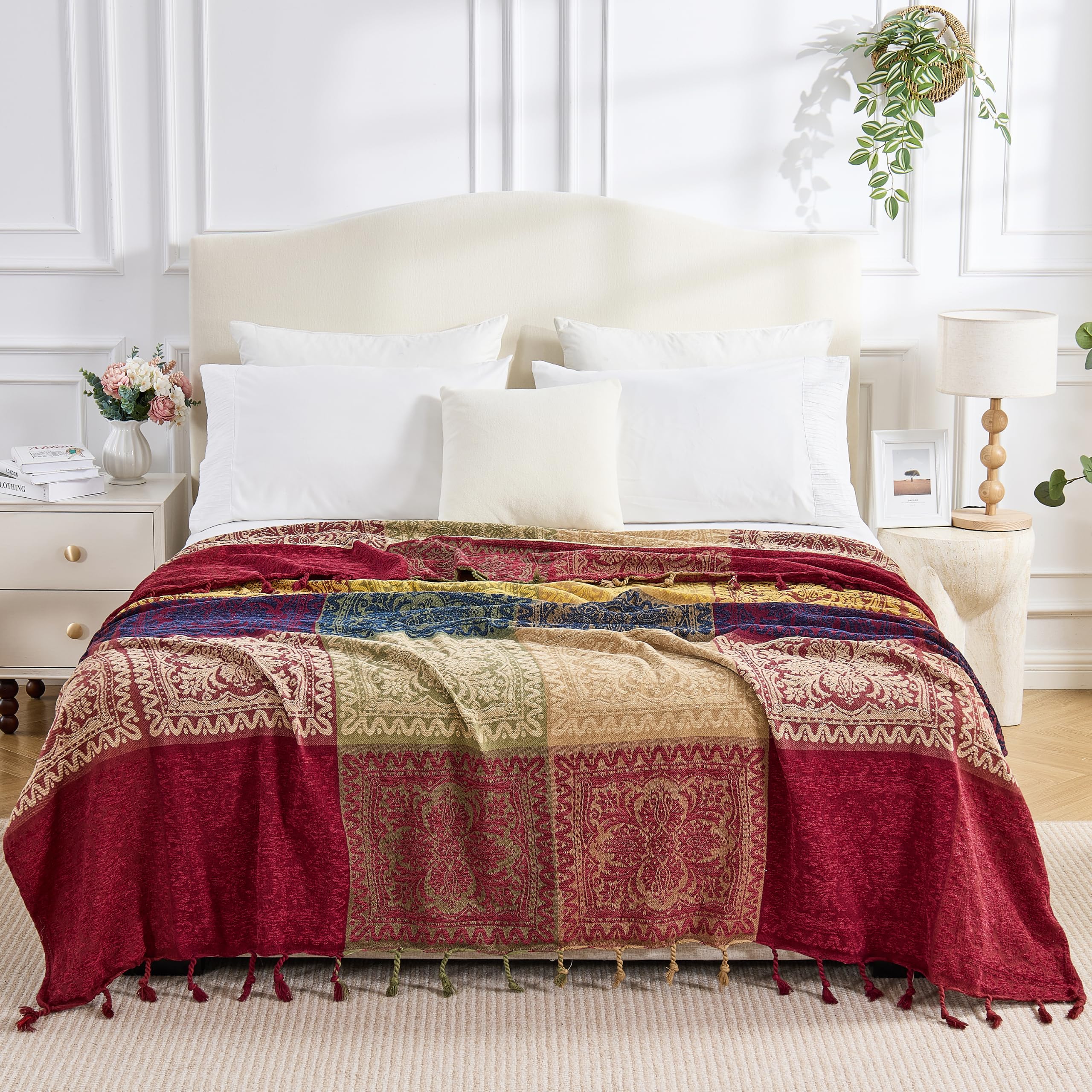DECMAY Jeté de lit chenille jacquard bohème avec pompons, jeté pour canapé 2, 3 ou 4 places, tartan - Jeté de lit, fauteuil, meuble, jeté de lit (rouge bleu, 220 x 260 cm)