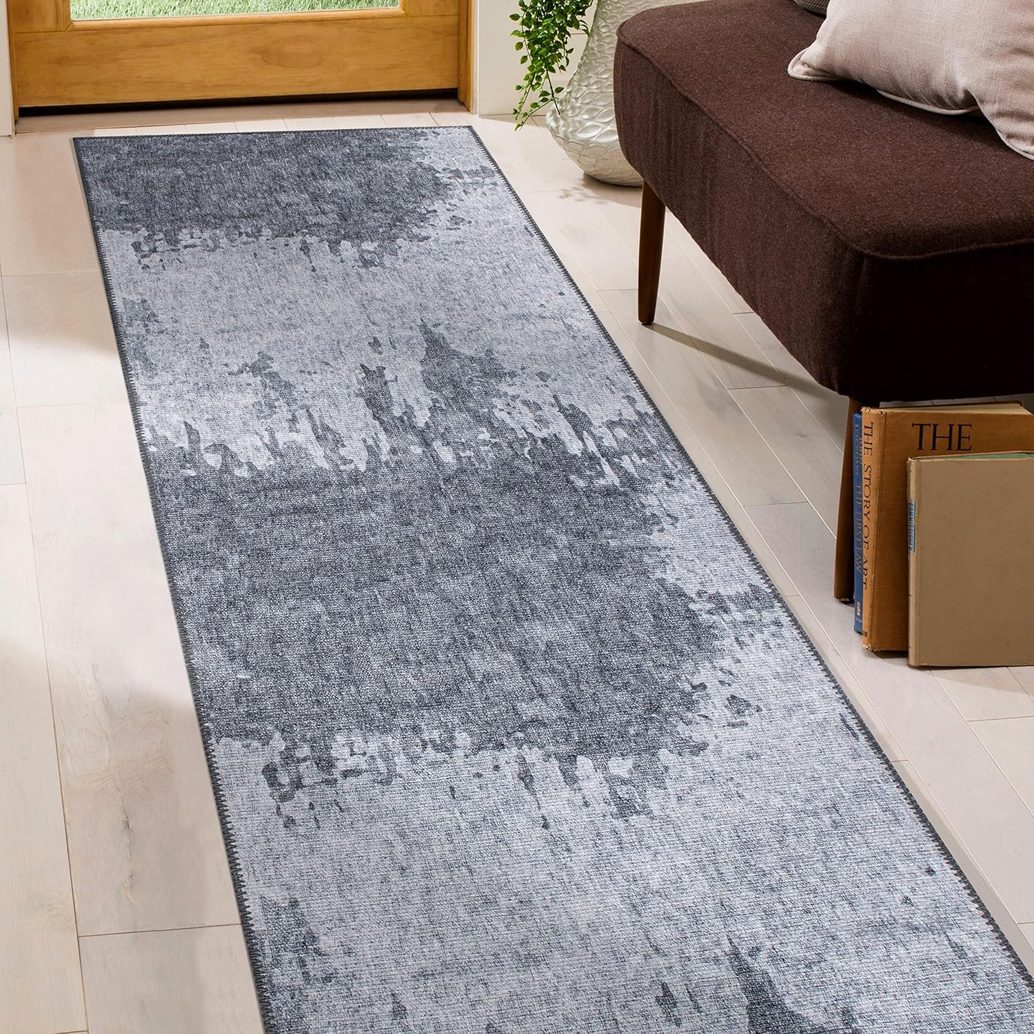 Rugshop Distressed Abstract Stain Resistant Flat Weave Eco Friendly Premium Recycled Machine Washable Runner Rug 2'6"x7' Gray