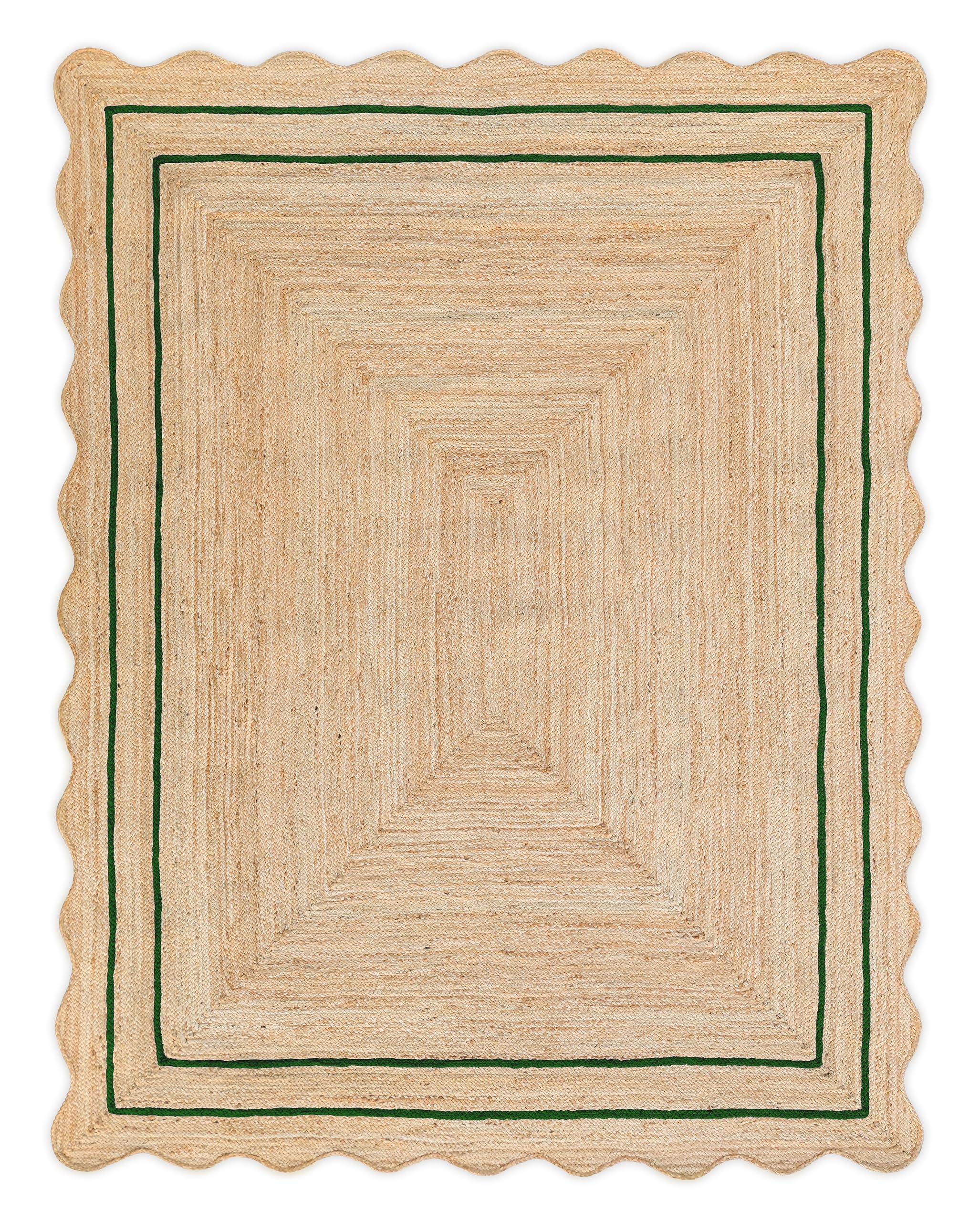 Weaving Village Wave Scalloped Natural Jute Runner - Boho Farmhouse Scallop Rug, Green (3'x5')