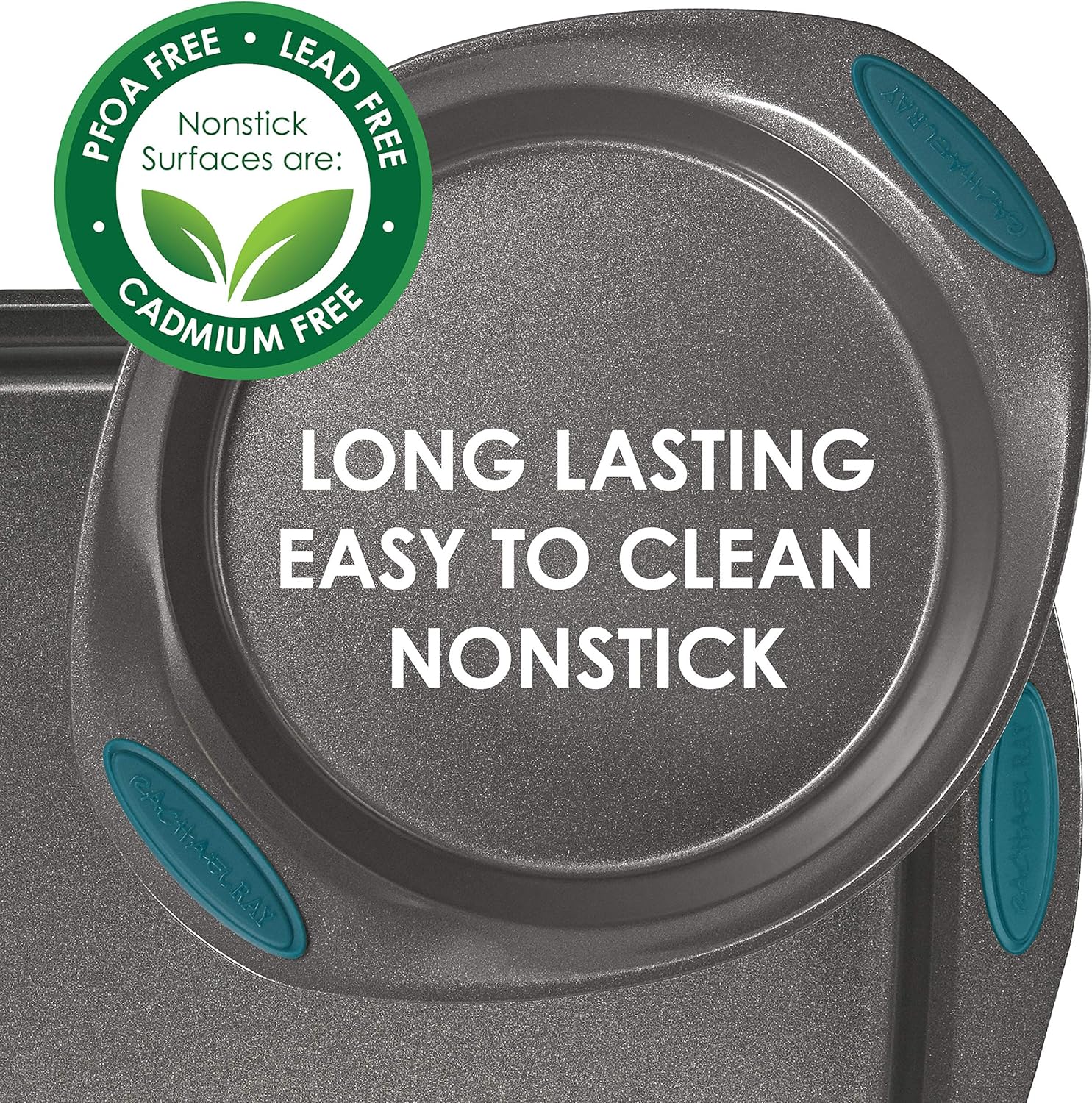 Bеѕt Quаlіtу 🔥 Rachael Ray Nonstick Bakeware Set with Grips includes Nonstick Bread Pan, Baking Pans, Cookie Sheet, Baking Sheet and Cake Pans - 10 Piece, Gray with marine blue grips