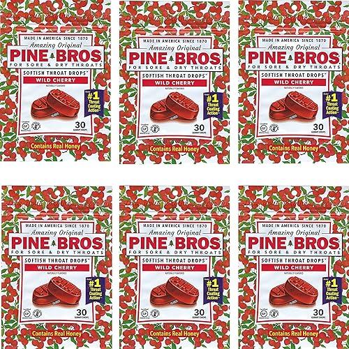 Pine Bros - Gotas suaves para garganta, tamaño económico, cereza silvestre, 30 gotas (paquete de 6)
