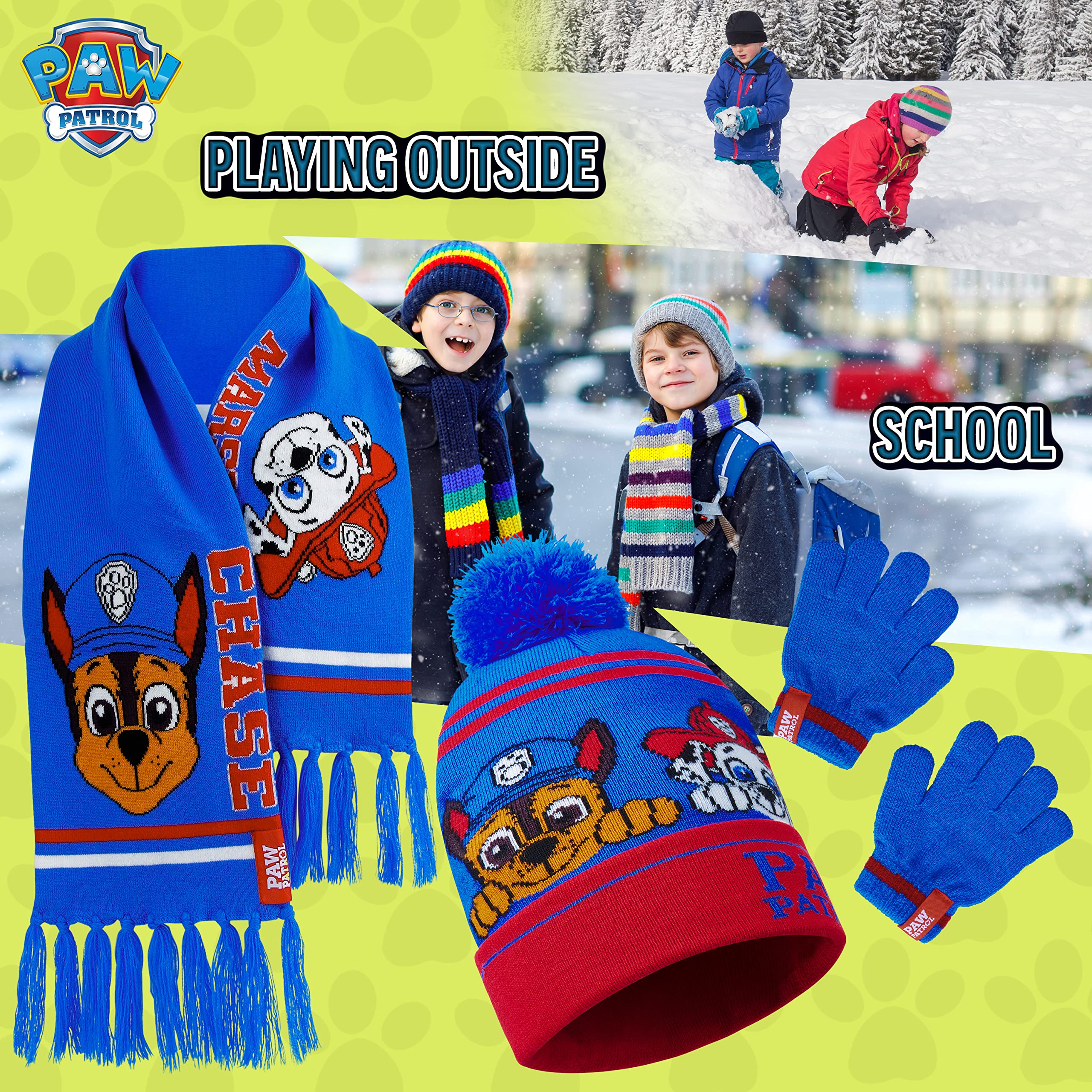 Paw Patrol Set de Invierno 3 Piezas, Gorro Pompón, Bufanda y Guantes para Niños