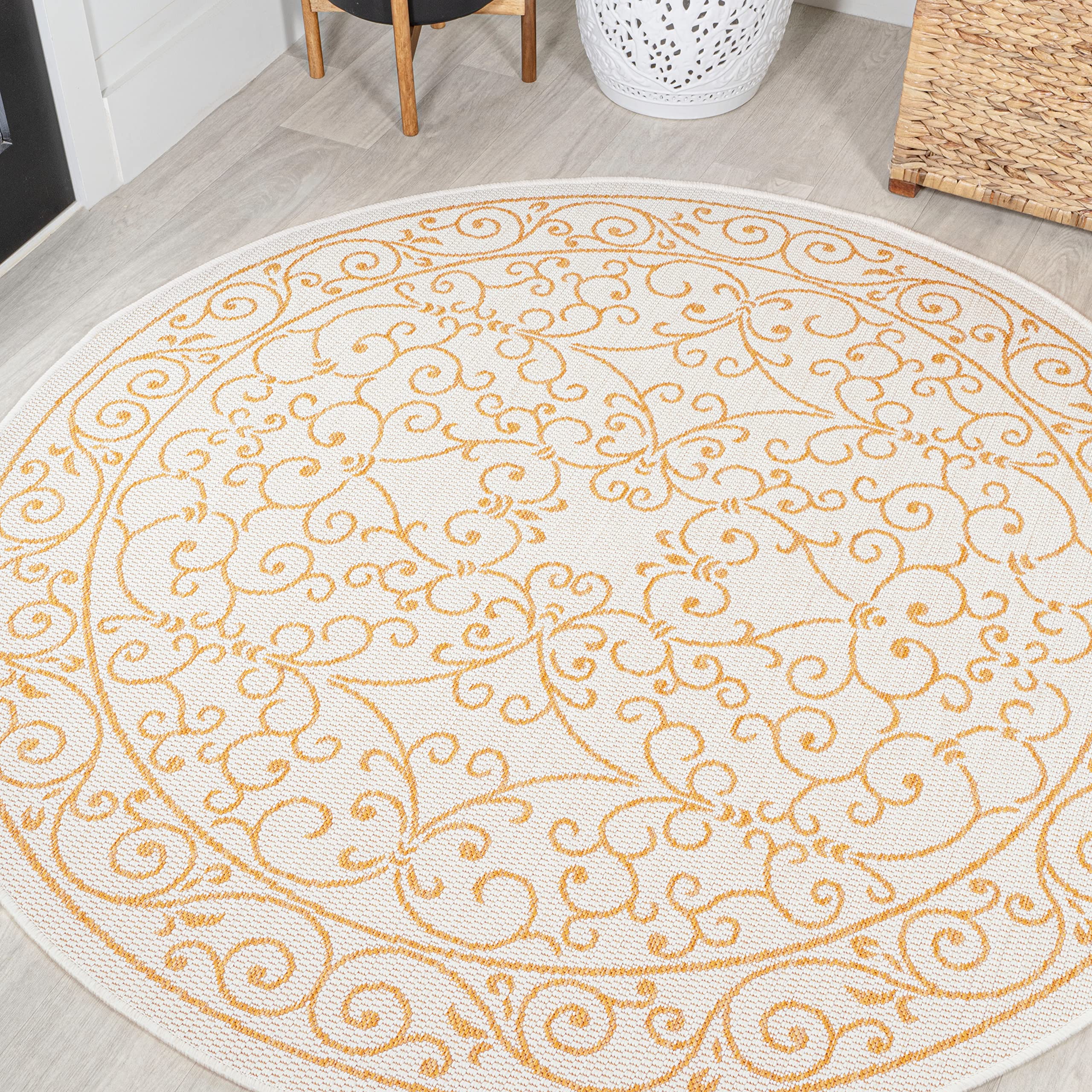 JONATHAN Y Vintage Filigree Indoor Outdoor Round Area Rug 5 Ft Cream/Yellow, Charleston Textured Weave for Backyard, Patio, Porch, Easy-Cleaning, High