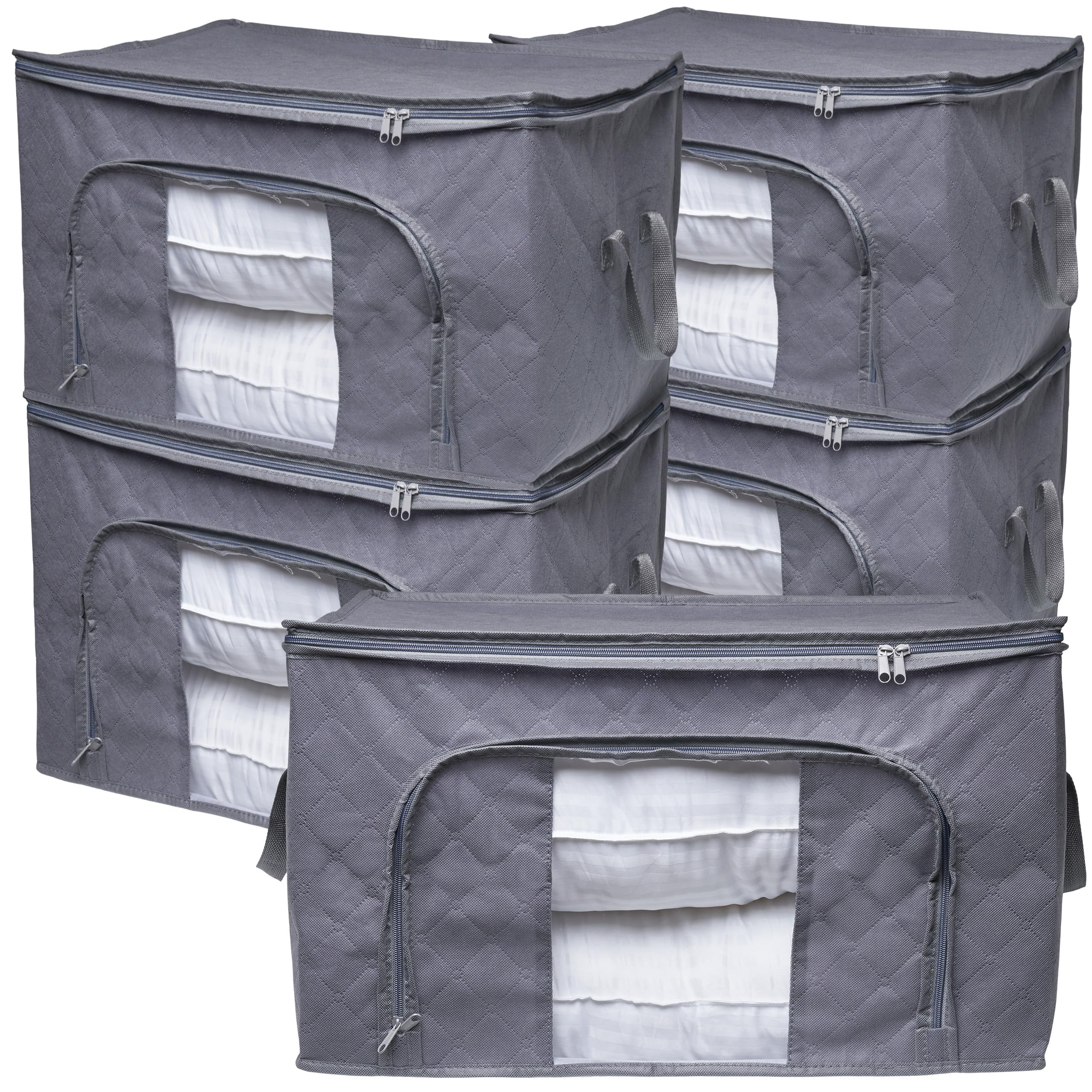 ZOBER Clothes Storage, Foldable Blanket Storage Bags, Storage Containers for Organizing Bedroom, Closet, Clothing, Comforter, Organization and Storage with Lids and Handle, 6 Pack, Grey
