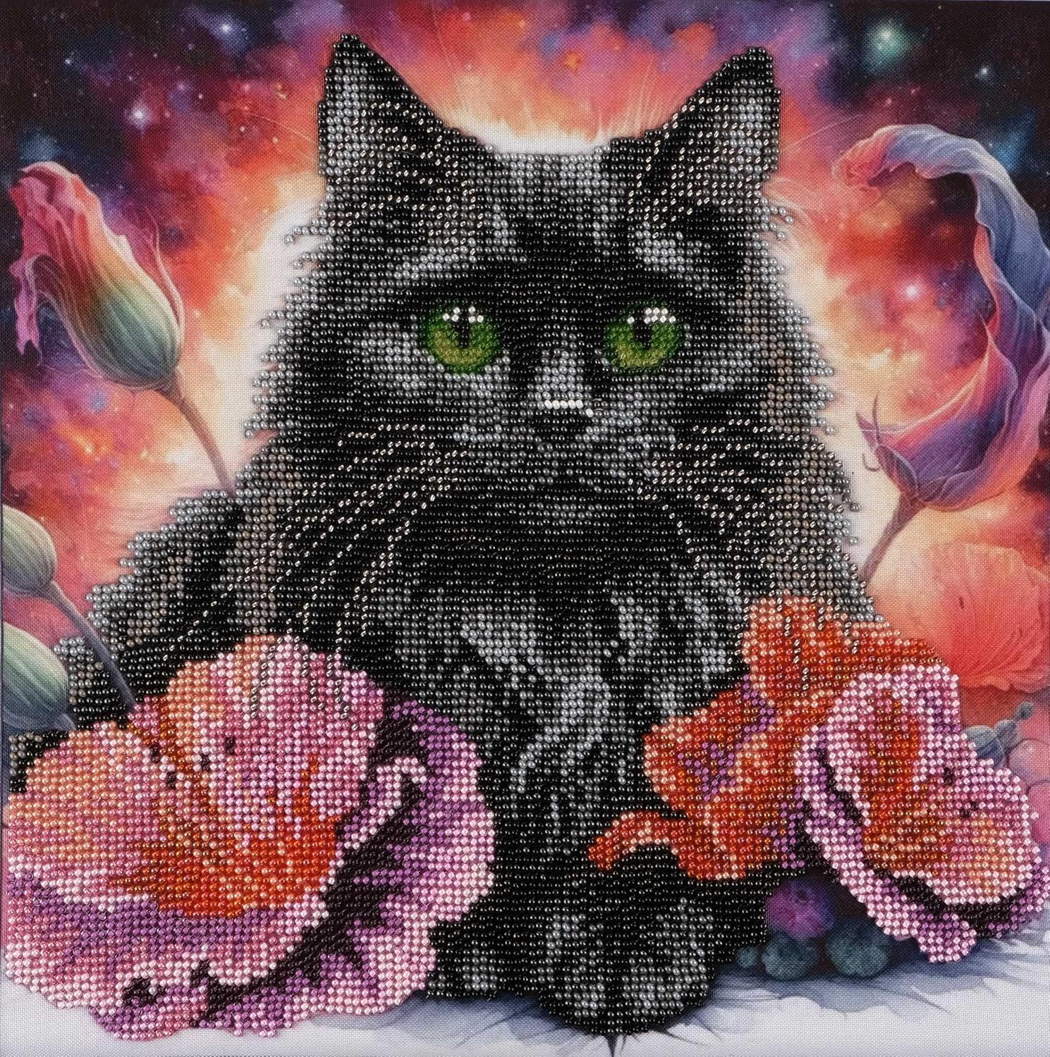 AllAboutEmbroideryUA Bead Embroidery kit Black Cat DA-1101 Beaded Cross Stitch Animal Handmade Beadwork Needlework kit