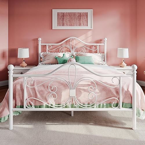 SHA CERLIN Queen Size Bed Frame with Headboard,Metal Bed Frame with Butterfly Pattern Design Headboard & Footboard,No Box Spring Needed,Easy Assembly,White - White - Queen