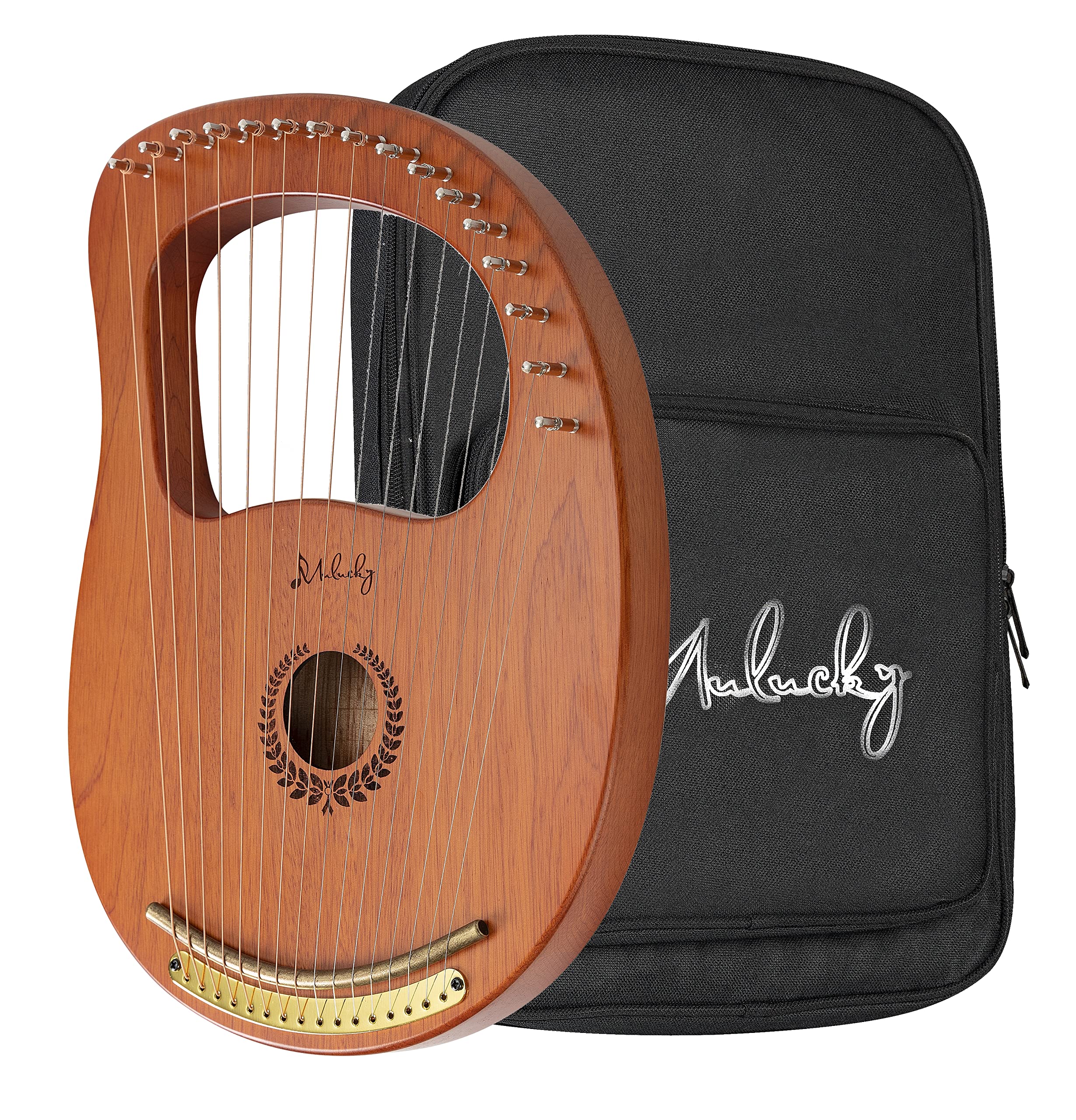 Mulucky Lyre Harp 16 Metal Steel String Bone Saddle Mahogany Lyre Instrument with Tuning Wrench and Black Gig Bag - MLH1602