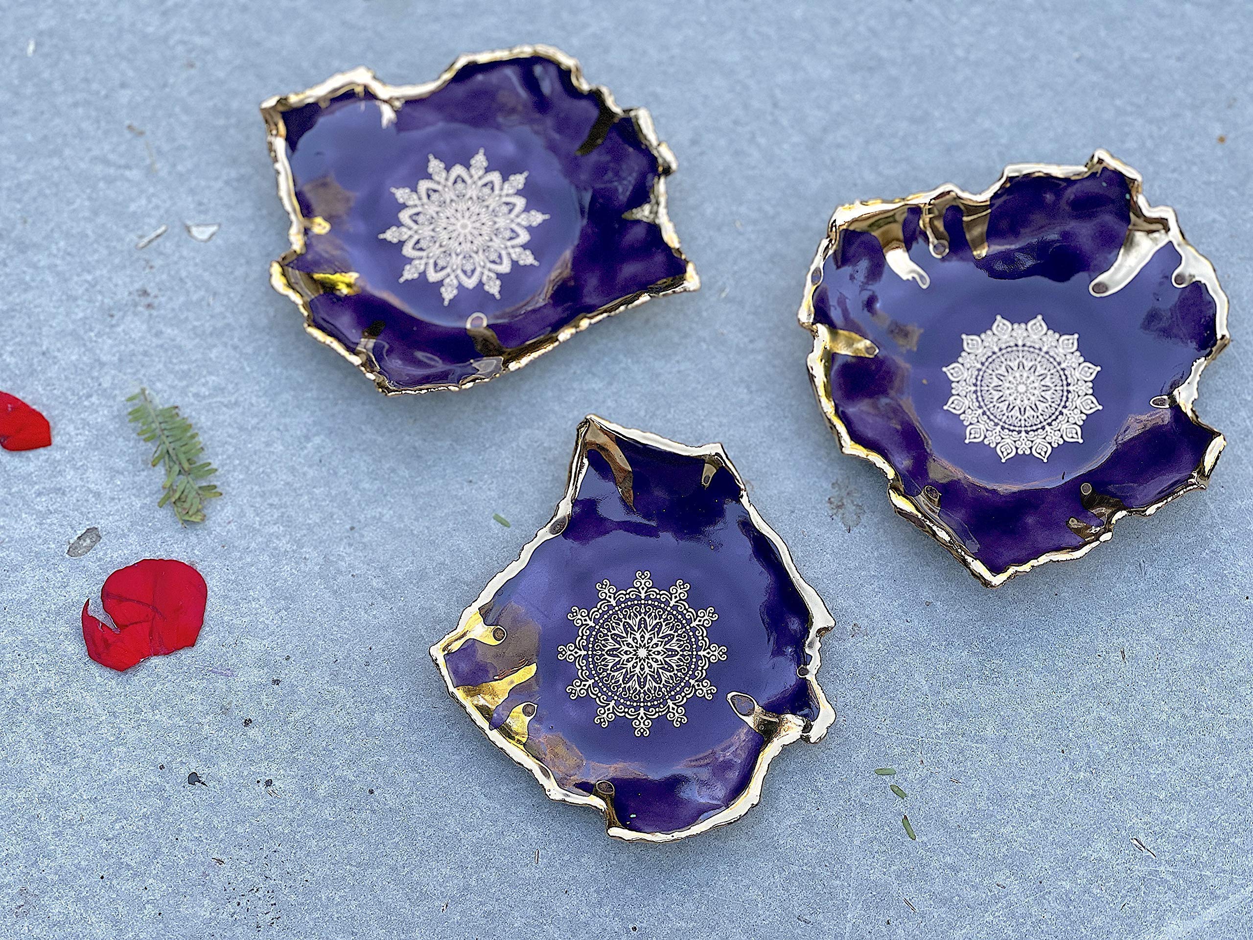 Ceramic Purple and Gold Mandala Ring Dish, Handmade Jewelry Holder, Unique Gift for Mom, Daughter, Sister, Bride, Wife, Her, Women, Men -Stock Photo, Please Read Description