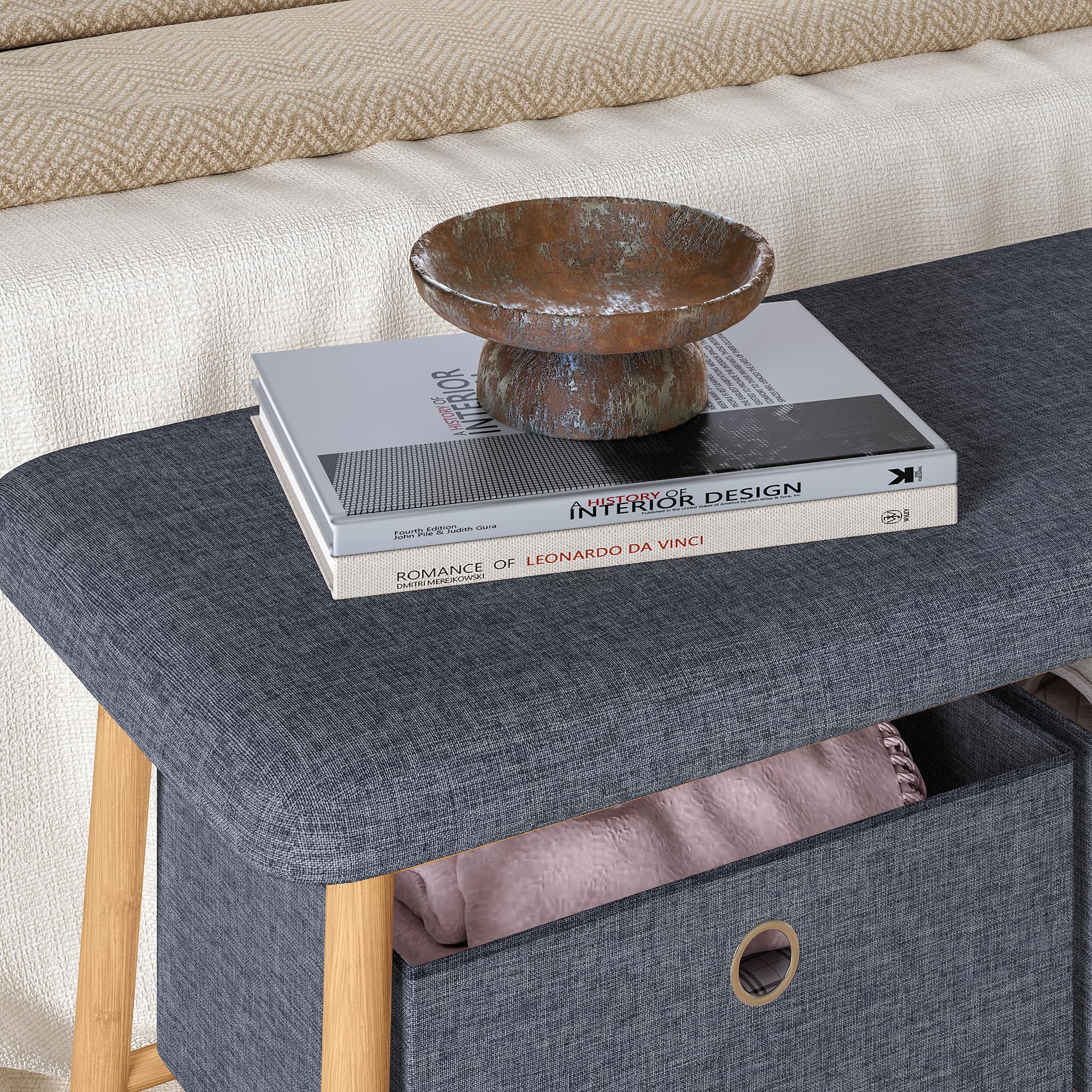 [en.casa] Panca da Scarpe con 2 Contenitori Scarpiera con Seduta Imbottita e 2 Scatole Porta Oggetti Scarpe Borse per Ingresso Corridoio 90 x 30 x 45 cm - Bambù Naturale/Grigio