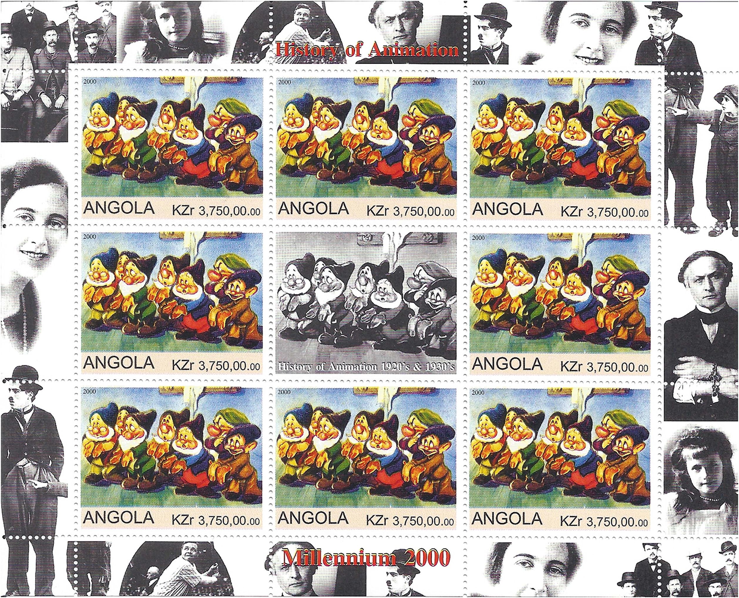 History of Animation 1920s and 1930s Disney Stamps for Collectors - Snow White and The Seven Dwarfs - 9 Stamps / 2000 / Angola