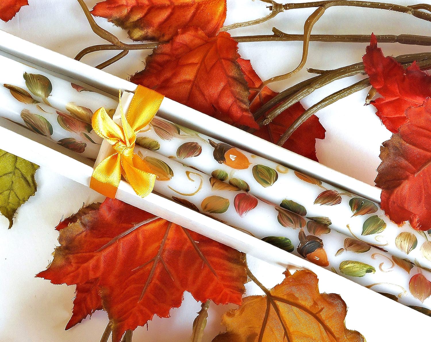 Decorative Artist Hand Painted Taper Candles with Acorns and Fall Leaves Autumn Thanksgiving Original Artisan Handmade Decor Decorations