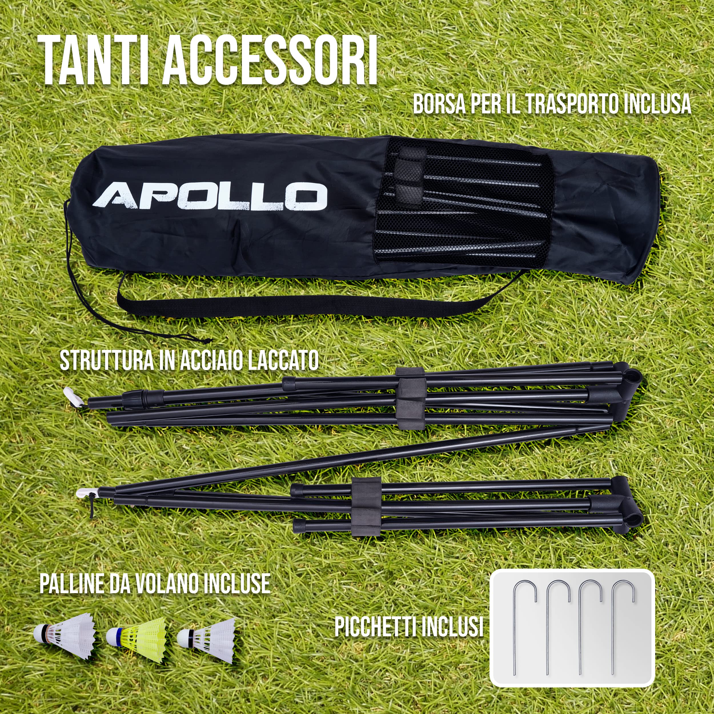 Apollo Rete Badminton, Rete Pallavolo | 300 cm | 400 cm | 500 cm | Badminton Set con Rete Regolabile su 3 Altezze, 3 Palline da Badminton, Telaio in Ferro, Borsa di Trasporto, Per Interni ed Esterni