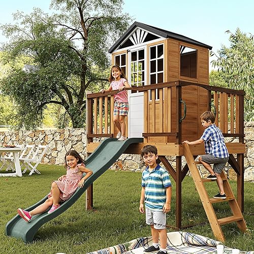 9-in-1 Outdoor Playhouse with Slide & Sandbox - Natural Fir Playset for Kids Ages 3-10, Includes Play Kitchen, Growth Chart & Safety Rails