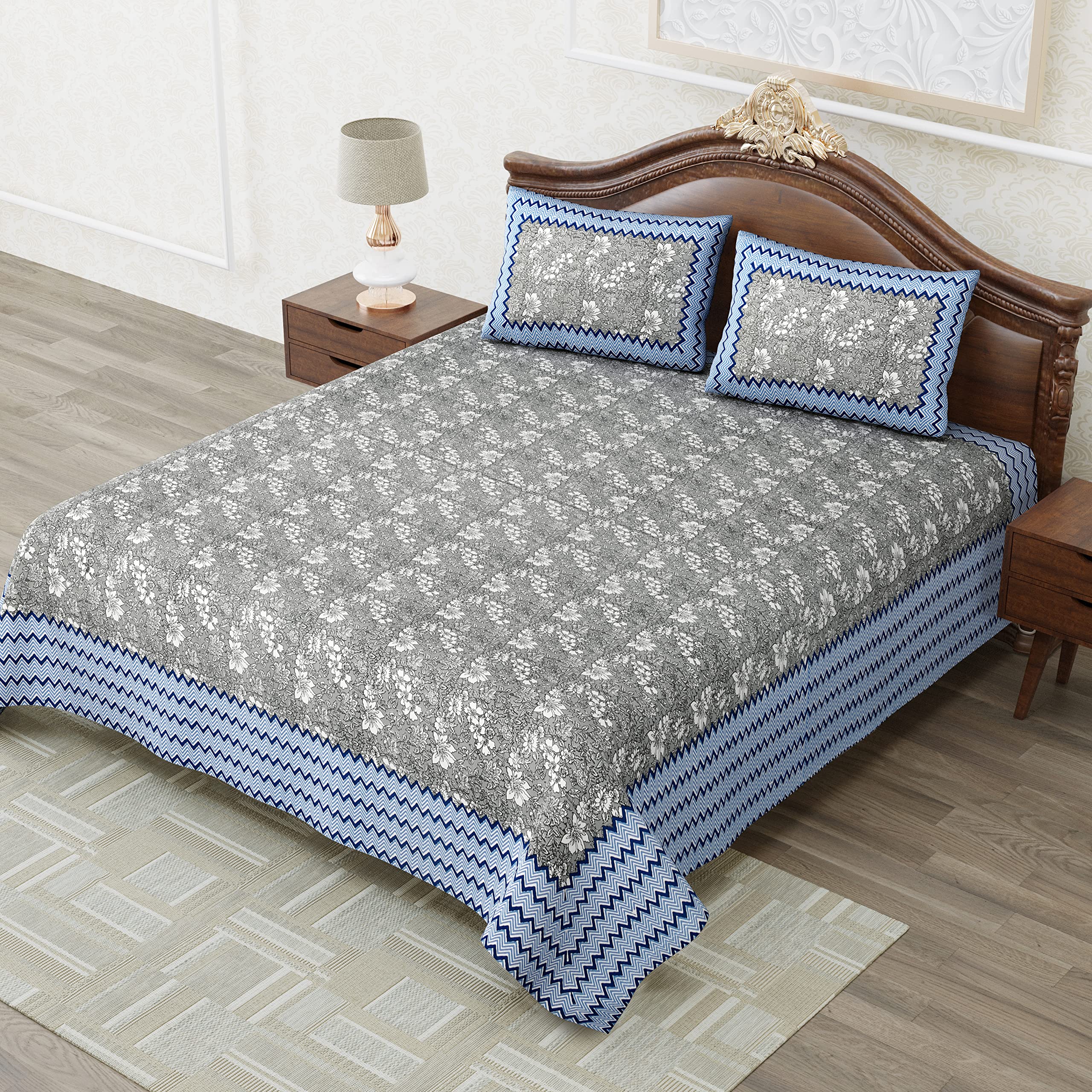MAFATLAL Cotton Floral Double Bedsheet with 2 Pillow Covers (Gray 2) (B0BM64VGNM) Amazon Price History, Amazon Price Tracker