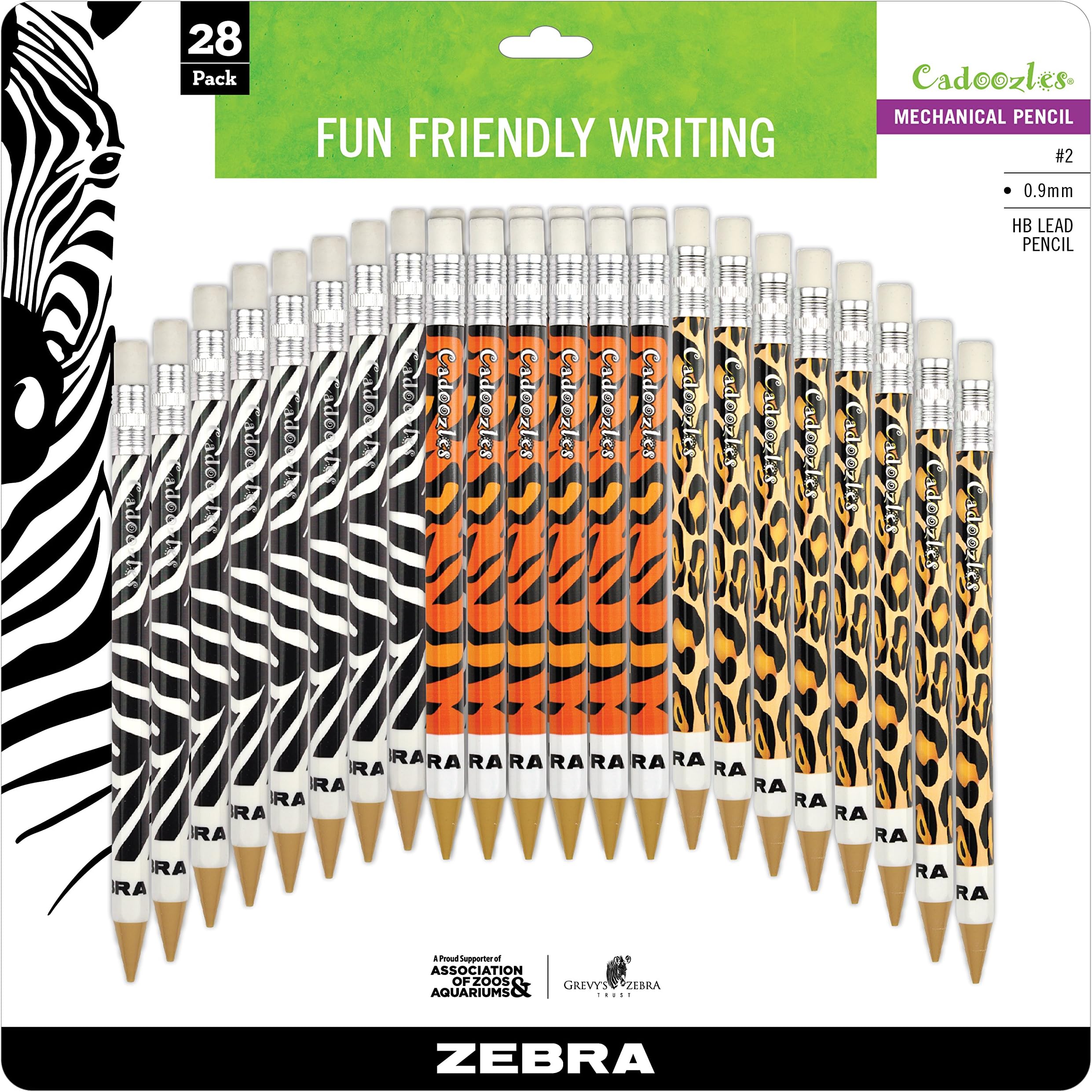 Zebra Pen Cadoozles Mechanical Pencil, 0.9mm Point Size, Standard HB Lead, Assorted Animals Barrel Patterns, 28-Count