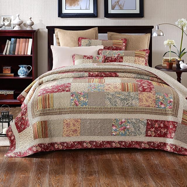 Tache Cotton Patchwork Country Farm Cottage Vintage Antique Ditsy Floral Paisley Burgundy Beige Lightweight Coverlet Fairy Tale Tea Party Quilt Set, Full