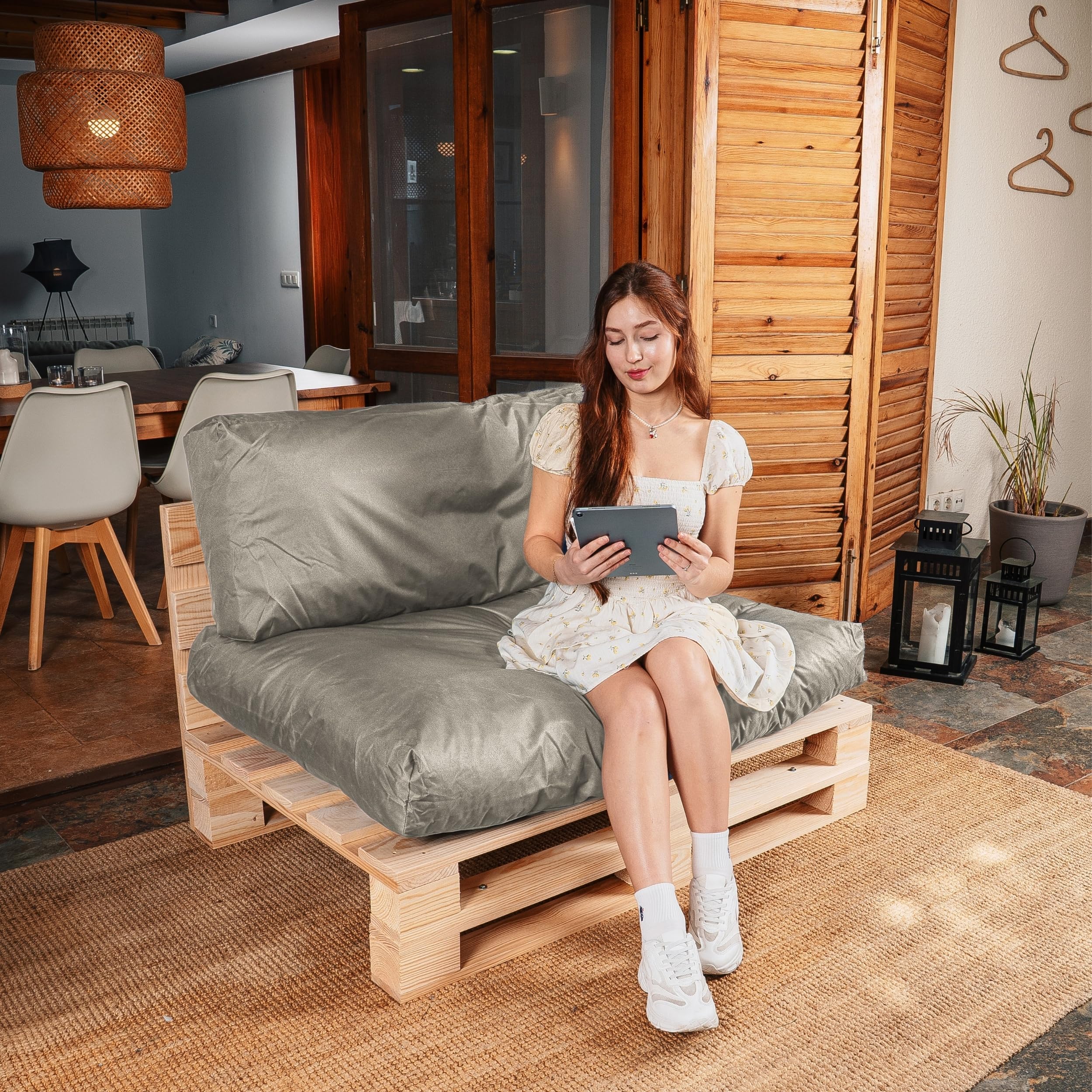 bananair - Cojines para Palets Impermeables y Desenfundables - Muy Cómodos, Relleno de Espuma - Cojines Exterior para Jardín y Terraza (1 Asiento 120x80 + 1 Respaldo 120x40, Gris Claro)