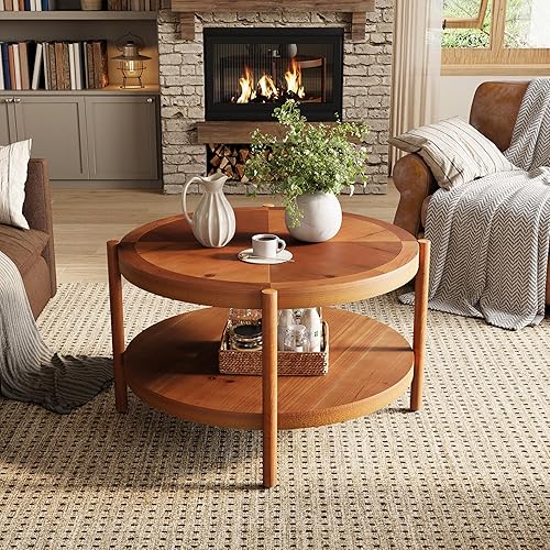 Miniatura 5 de LITTLE TREE Mesa de centro vintage de madera maciza, mesa auxiliar redonda de 31.5 pulgadas para sala de estar, mesa central clásica de 2 niveles