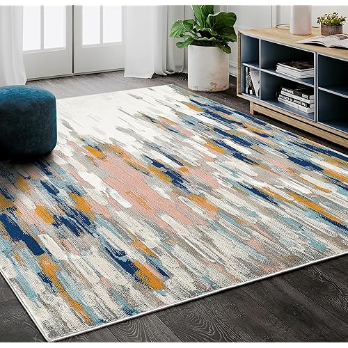 Abani Rugs Orange & Blue Contemporary Abstract Area Rug Contemporary Style, Porto Collection Stain Shedding Resistant, 6' x 9' Rectangle