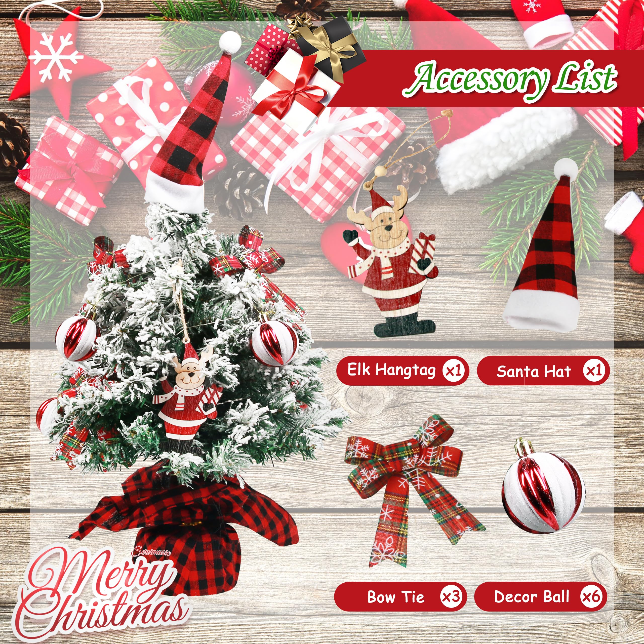 Sunnyglade Mini árbol de Navidad, árbol de Navidad artificial iluminado de mesa de 24 pulgadas con caja de música, etiqueta de reno y bola decorativa, árbol pequeño con LED para decoración de fiestas