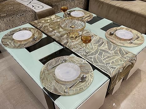 LaVichitra PVC Decorative Golden Leaves Design Table Placemats and Runner Combo for Dining Table Kitchen Restaurant 4 mats and 1 Runner (Set of 5, PVC, Gold)