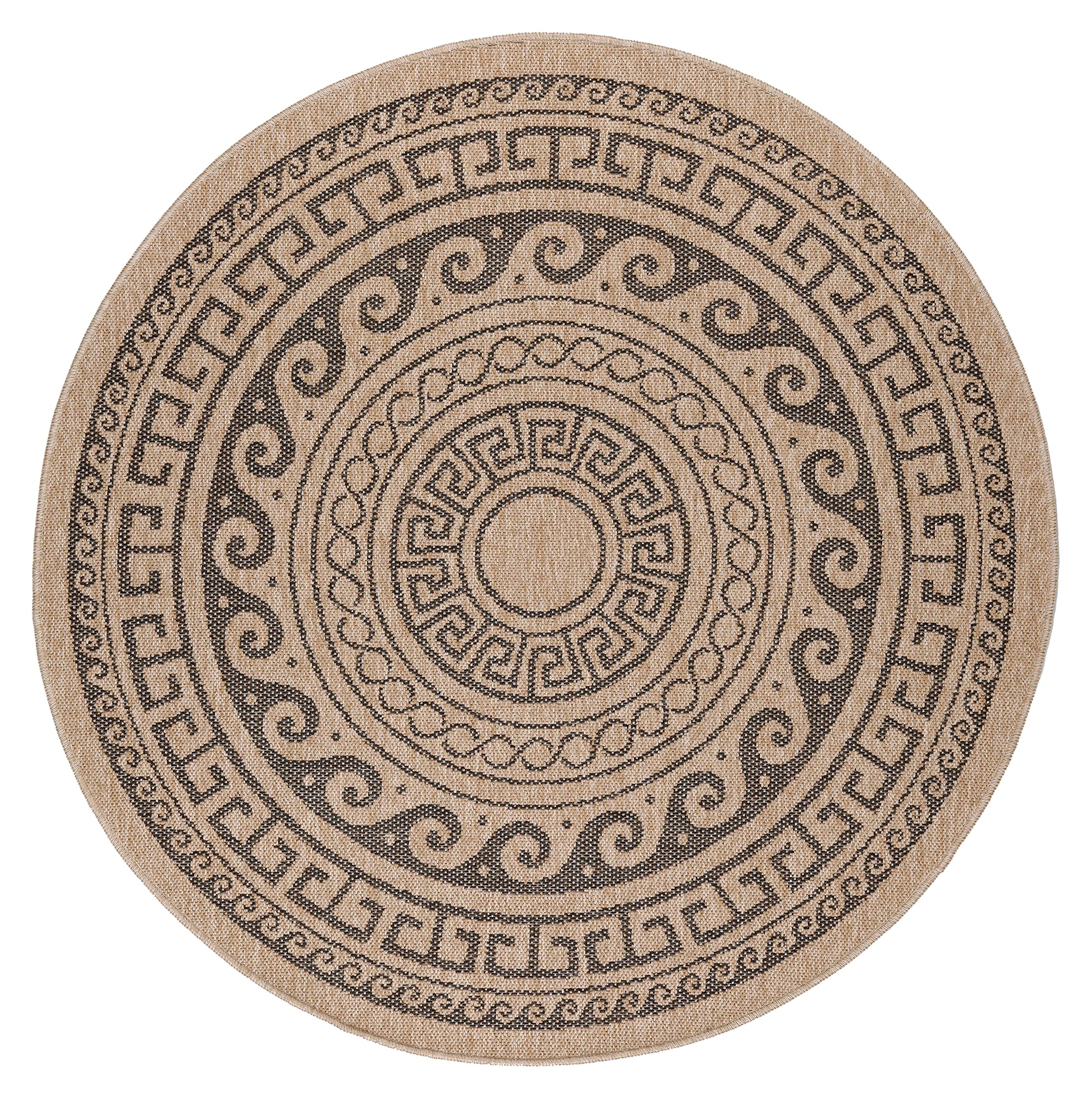 Teppium Tapis d'extérieur résistant aux intempéries, 120 cm, rond, aspect sisal naturel et jute – Tapis de cuisine lavable, antidérapant, imperméable, design greek, facile d'entretien – Idéal pour