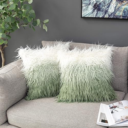 Kevin Textile Set of 2 Gradient Plush Green Decorative New Luxury Series Merino Style Fur Throw Pillow Case Cushion Cover 18" x 18" 45cm x 45cm