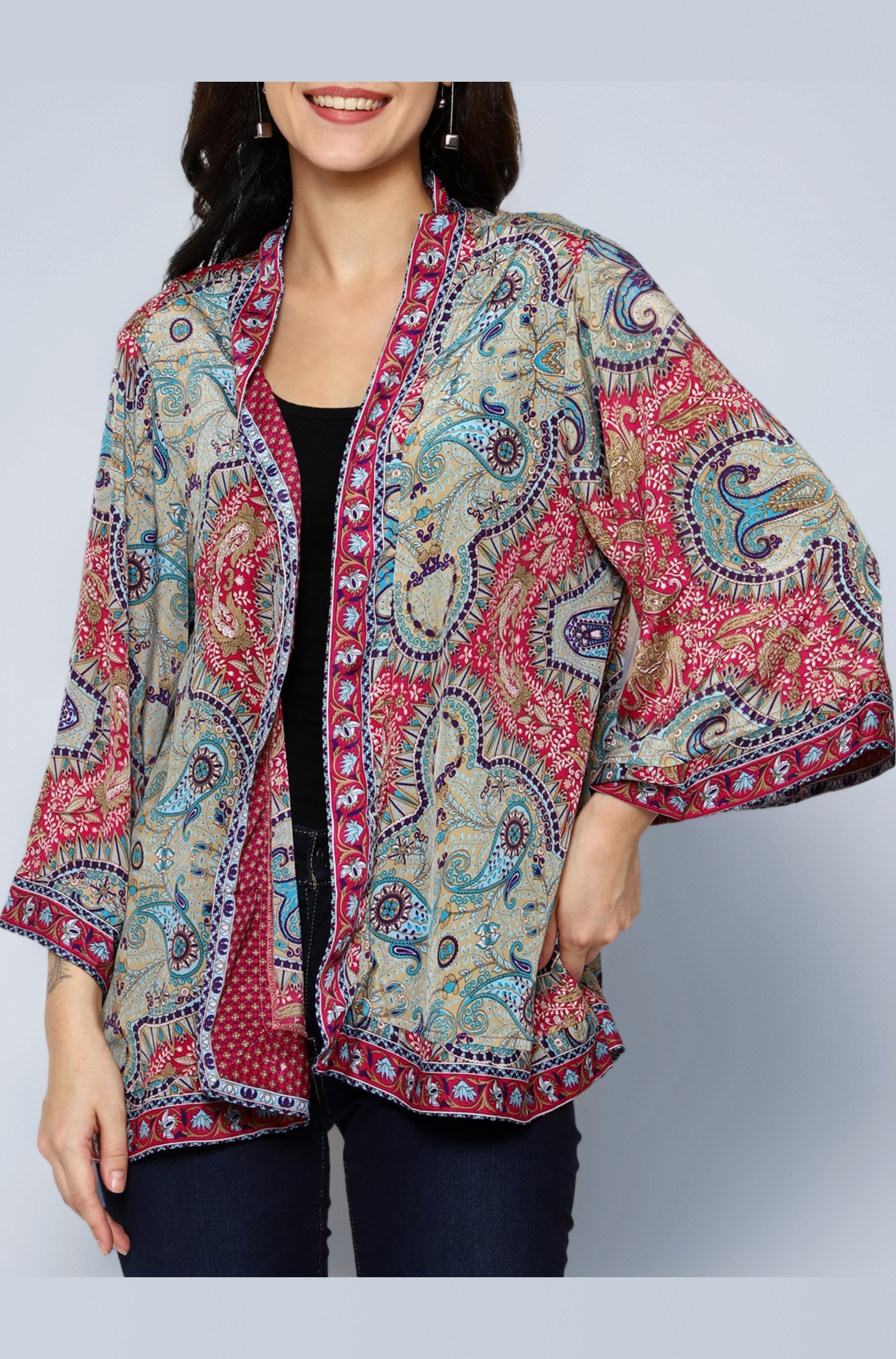 KE KANHA EXPORTS Women Shrug|Shrugs for Women Stylish|Cardigan |Boho Beach Cover Up|Border Print|Easily fits S-M-L|Bust 30-42 Inches|Length 28 Inches